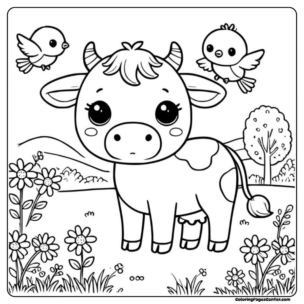 Two happy cows walking through a field of tulips