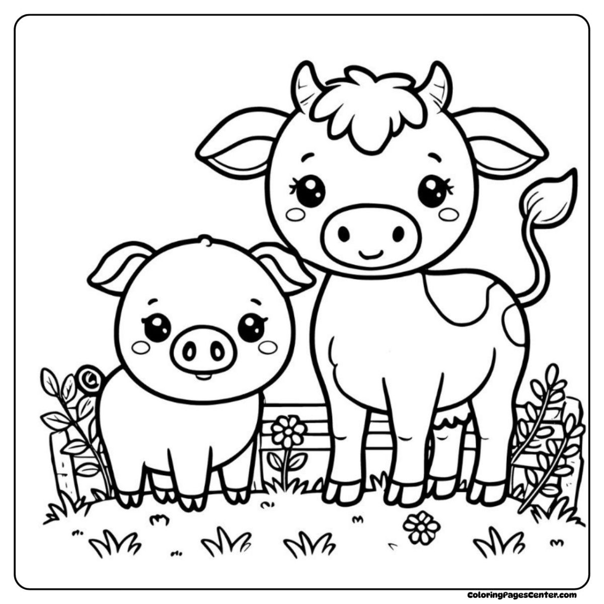 Cow coloring pages showing a cow and pig under sunny skies