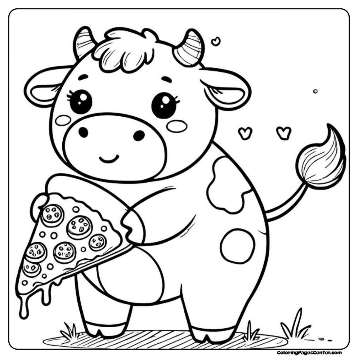 Cow coloring pages of a smiling cow holding melting pizza