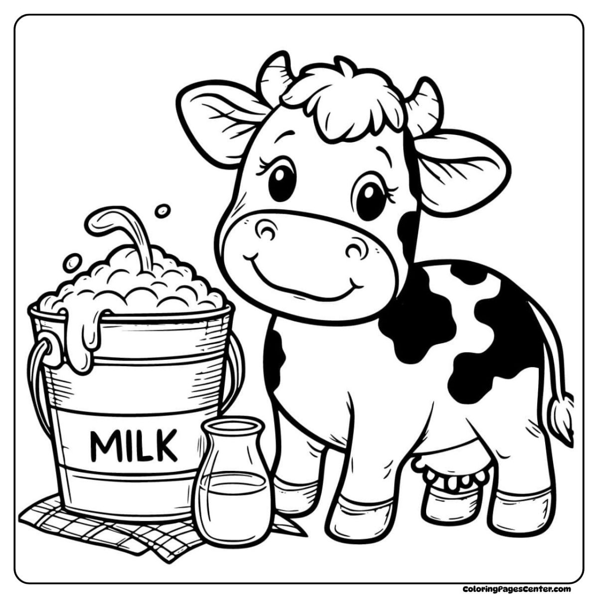 Cow coloring pages showing a happy cow and fresh milk ready to share
