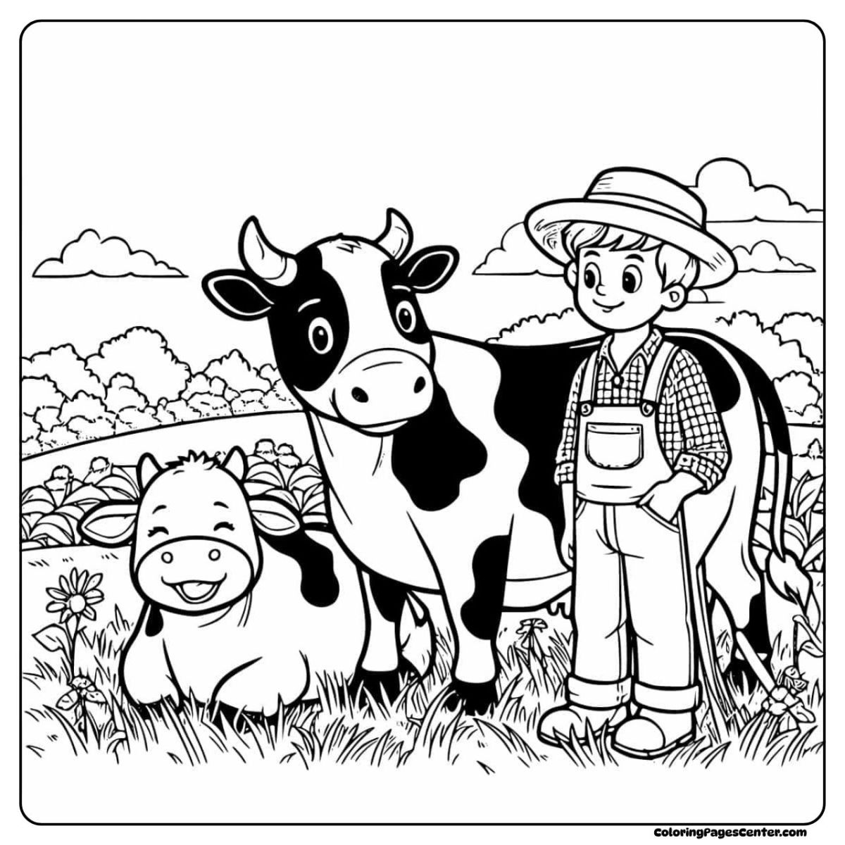 Cow coloring pages featuring cows and a boy under blue skies