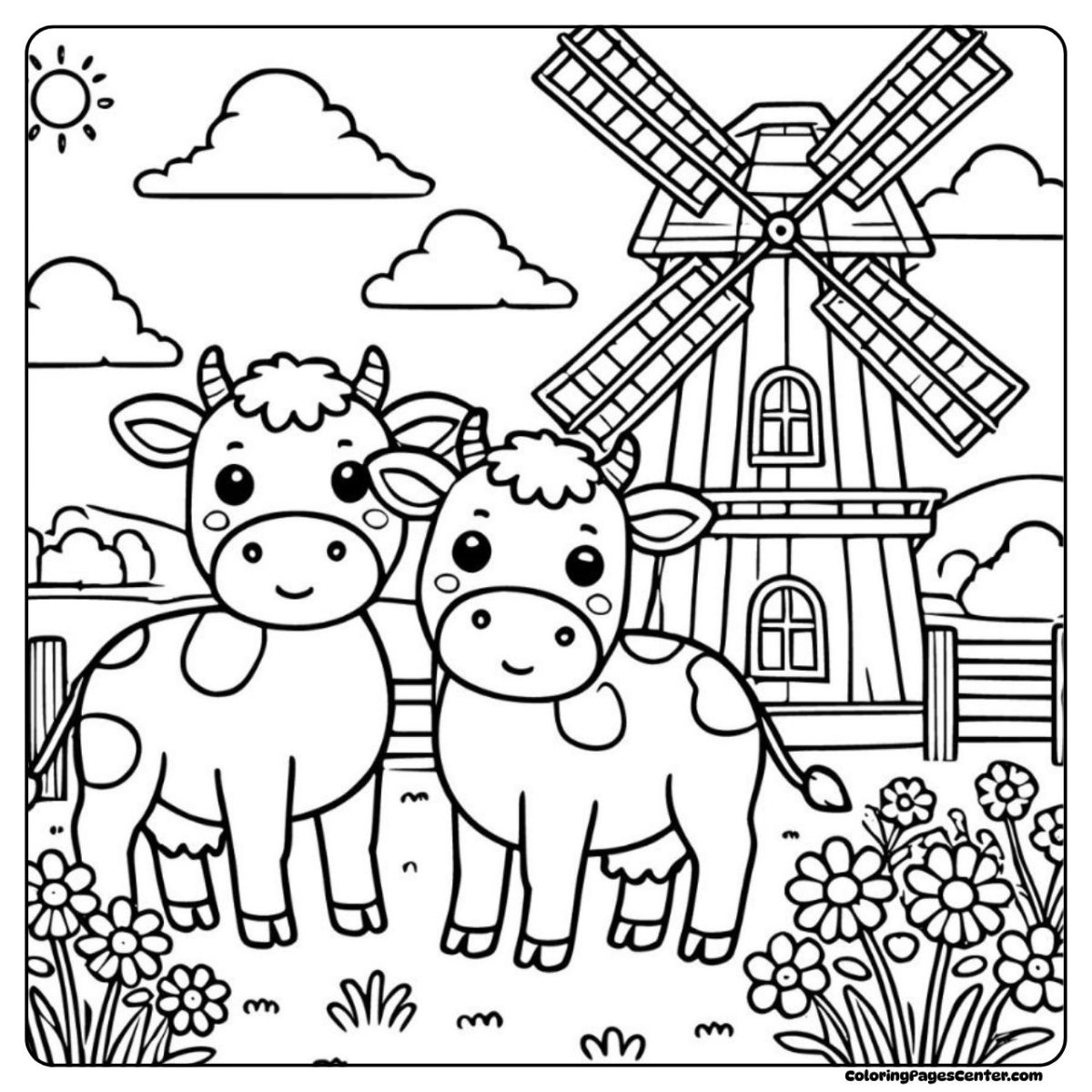 Cow coloring pages showing two happy cows by a windmill