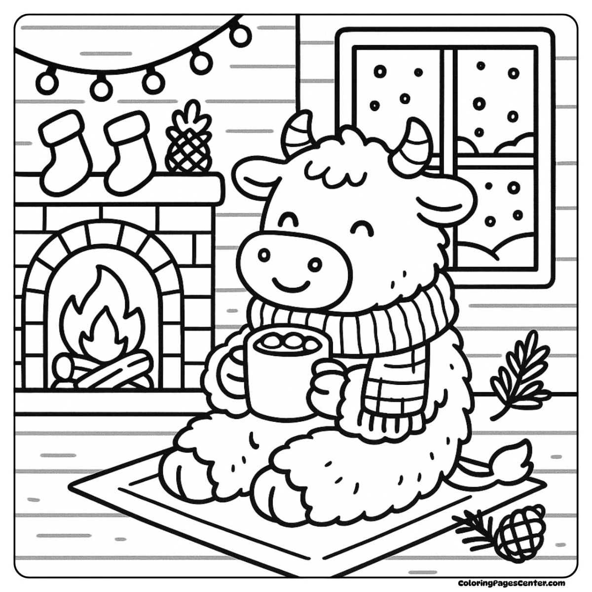 Cow coloring page of a fluffy cow enjoying cocoa in a warm cabin