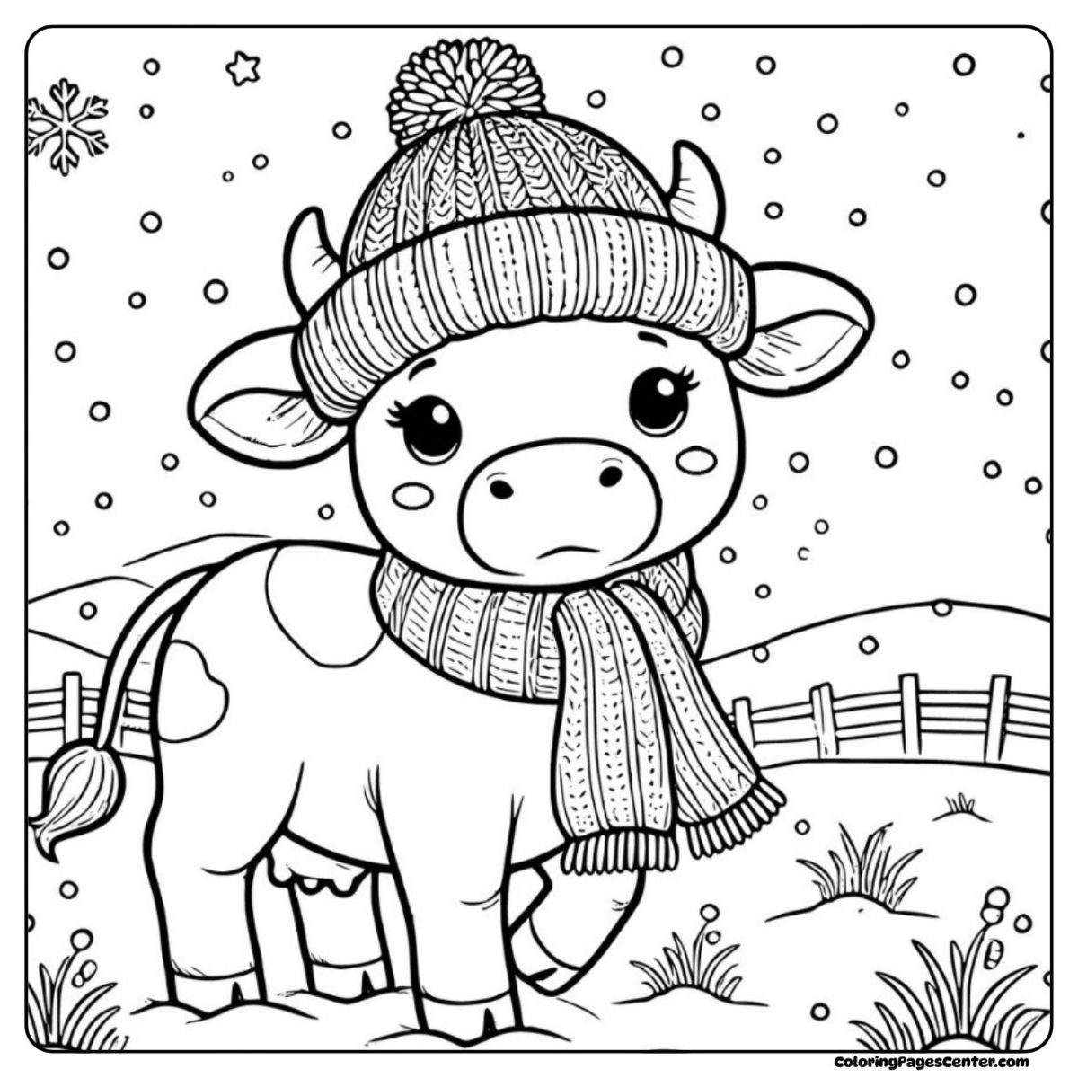 Cow coloring image with wool hat and winter snowflakes