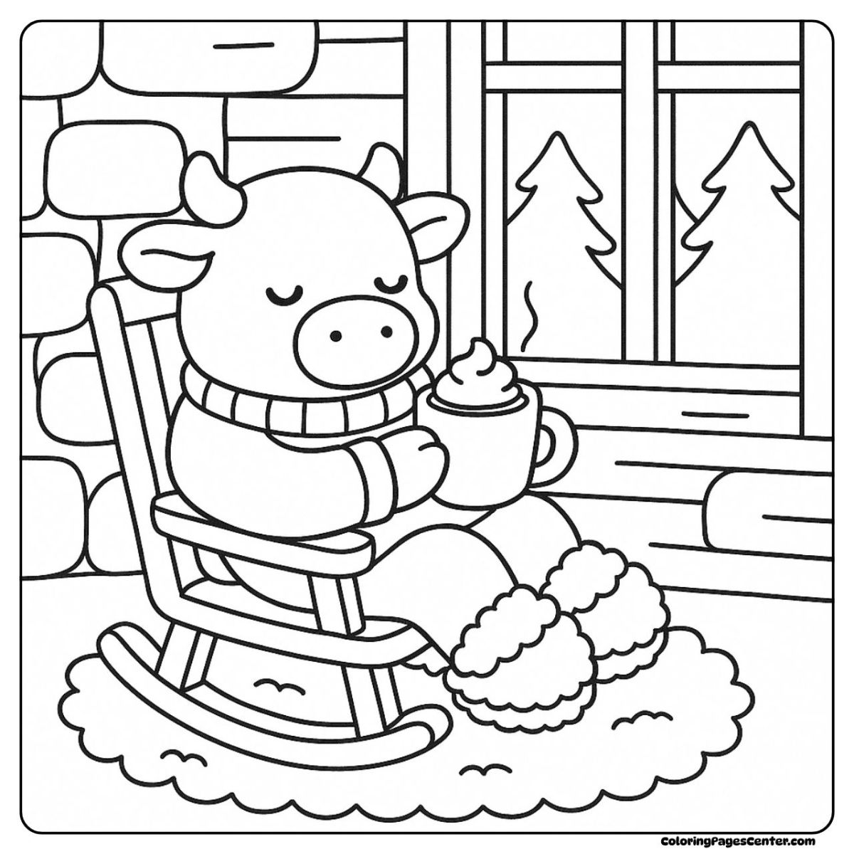 Cow coloring page of warm socks, soft chair, and winter outside