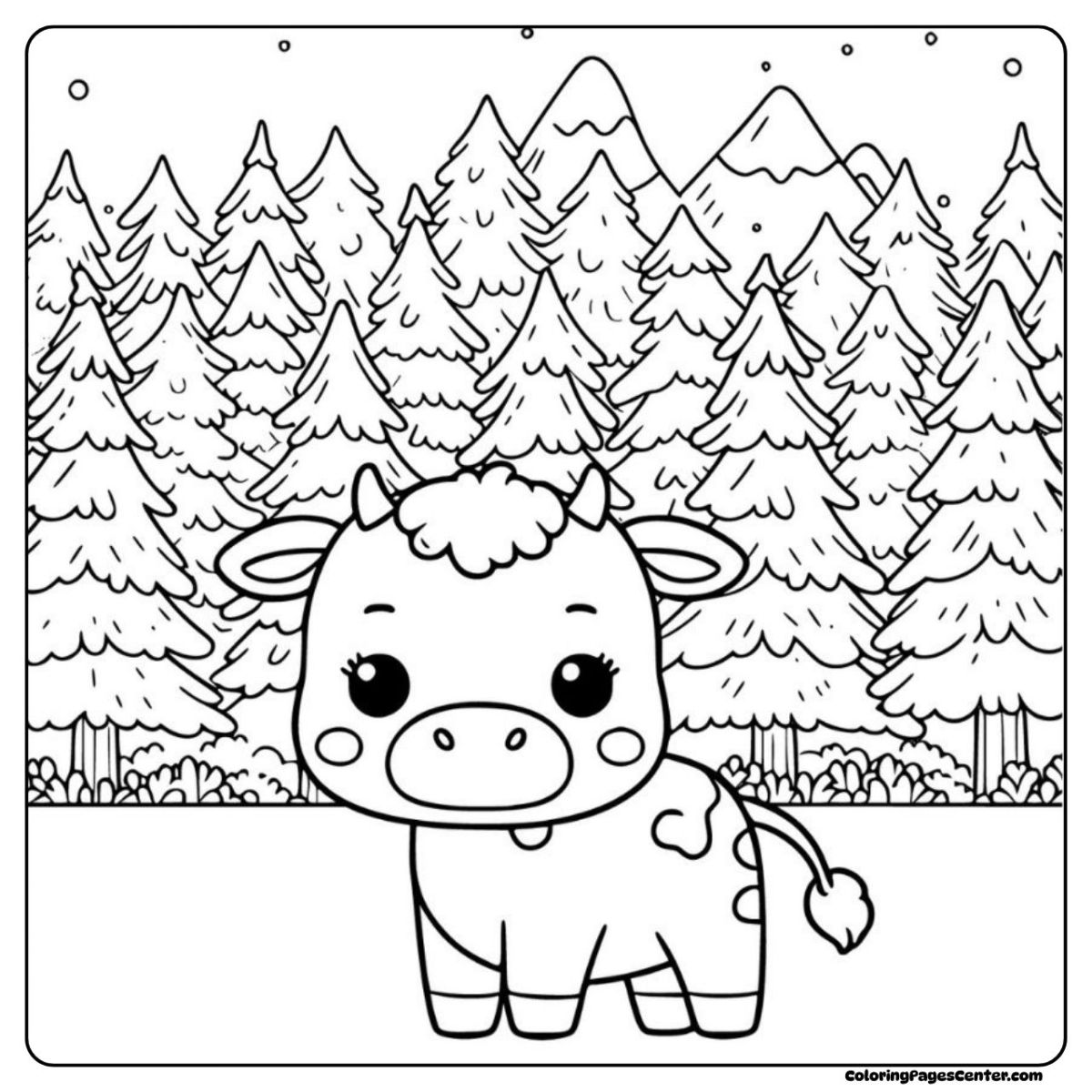 Cow coloring page surrounded by whispering pine trees