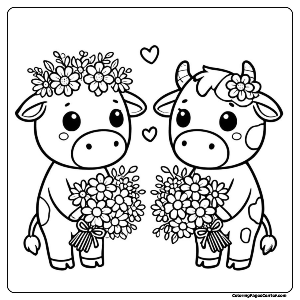 Two cows in a coloring page sharing bouquets