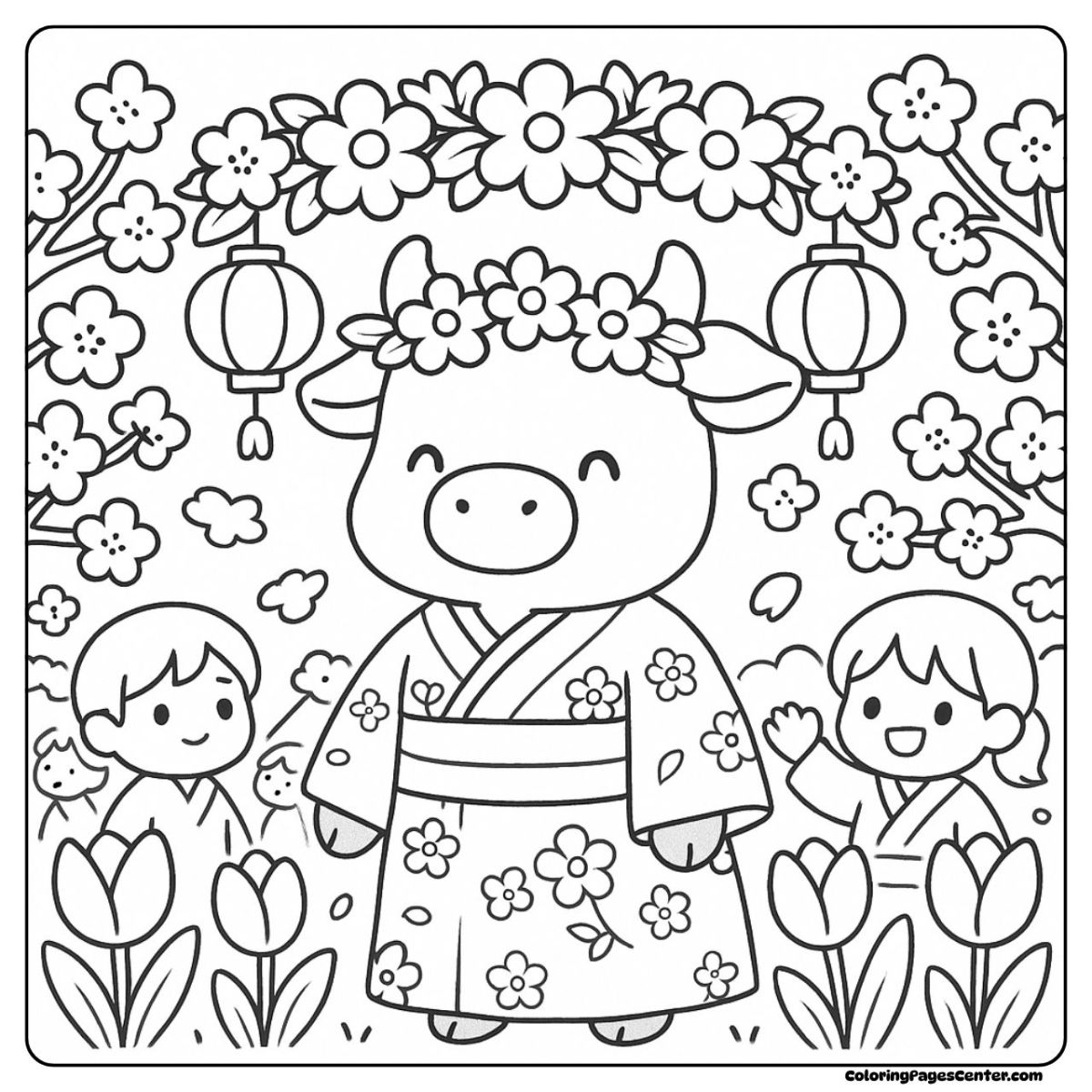 A cute flower cow coloring page at a spring festival in kimono