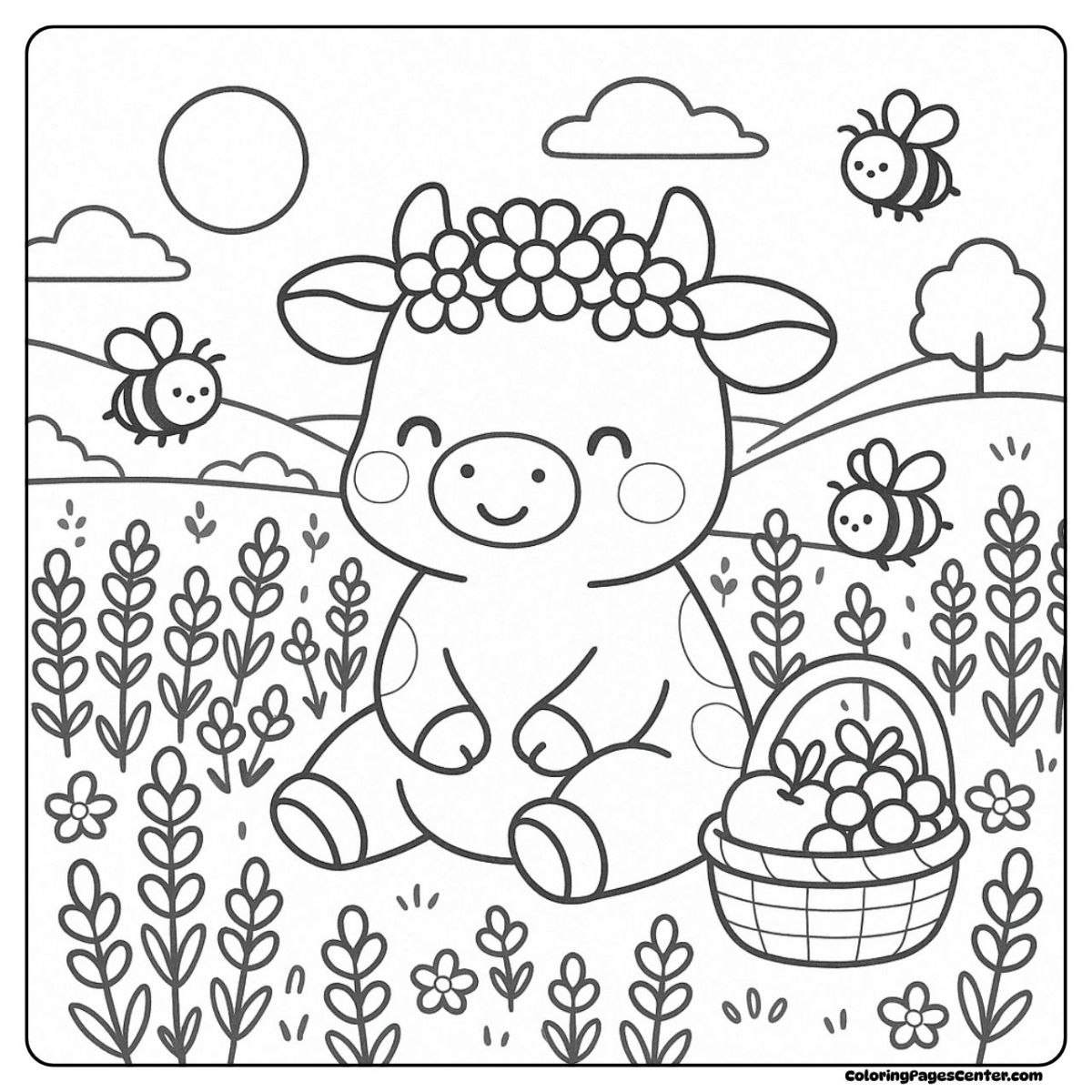A happy flower cow coloring page with bees flying around blossoms