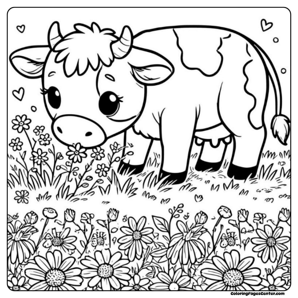 A soft flower cow coloring page wandering through a field of daisies