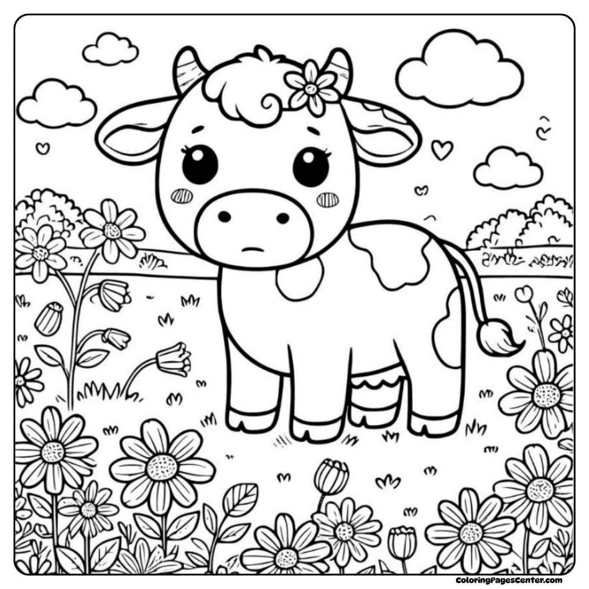 A gentle flower cow coloring page standing in a daisy-filled meadow