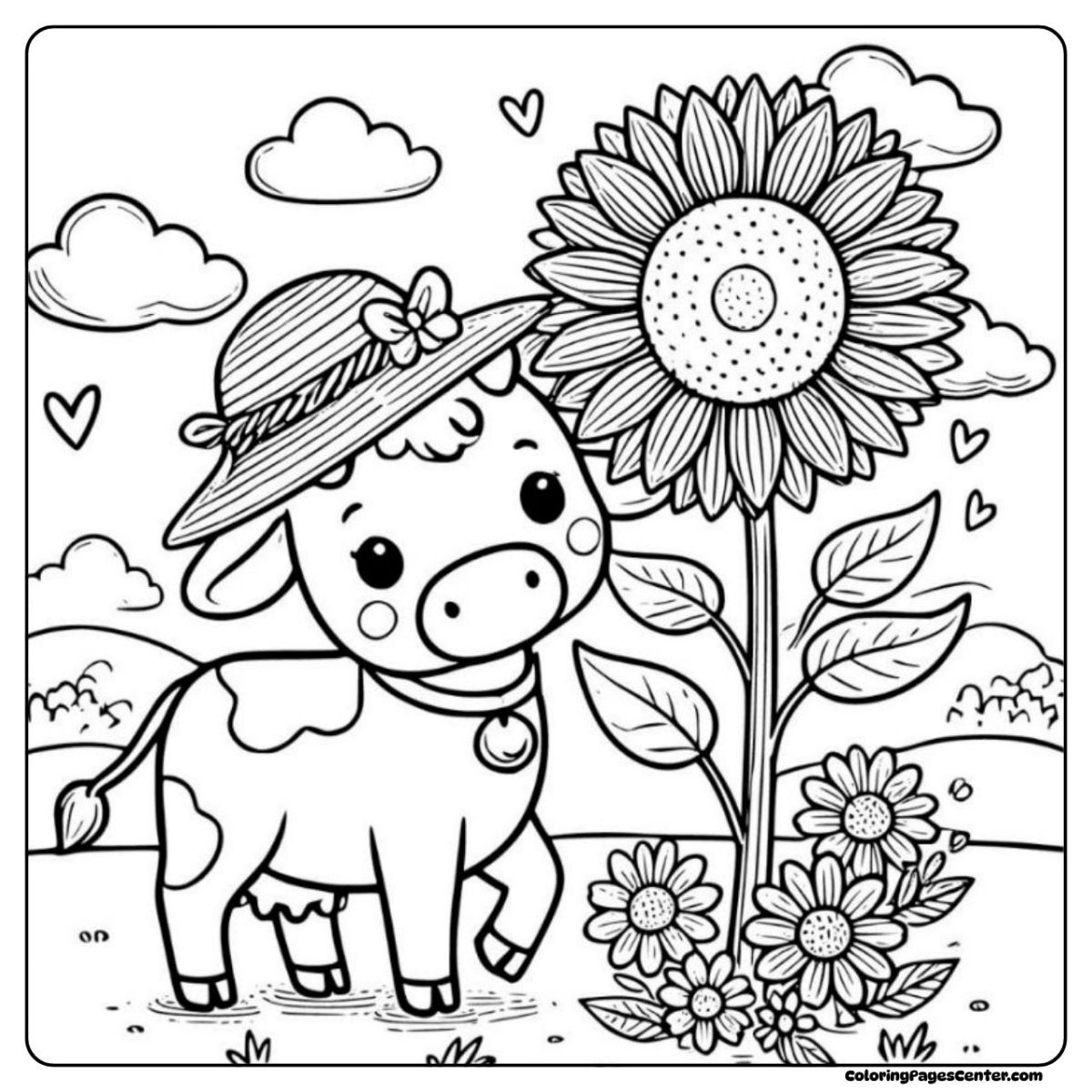 A playful flower cow coloring page standing beside a tall sunflower