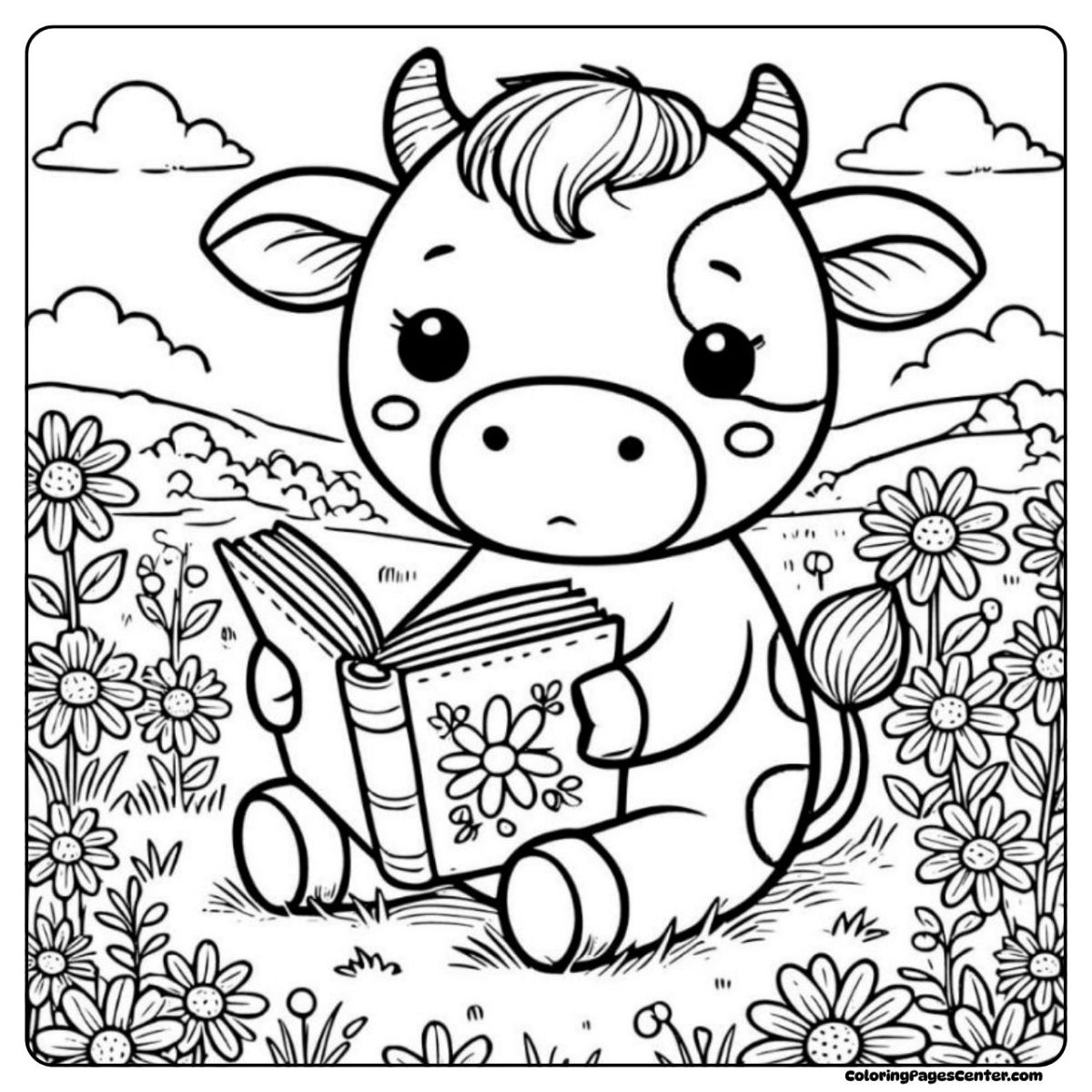 A peaceful flower cow coloring page enjoying a book among the flowers