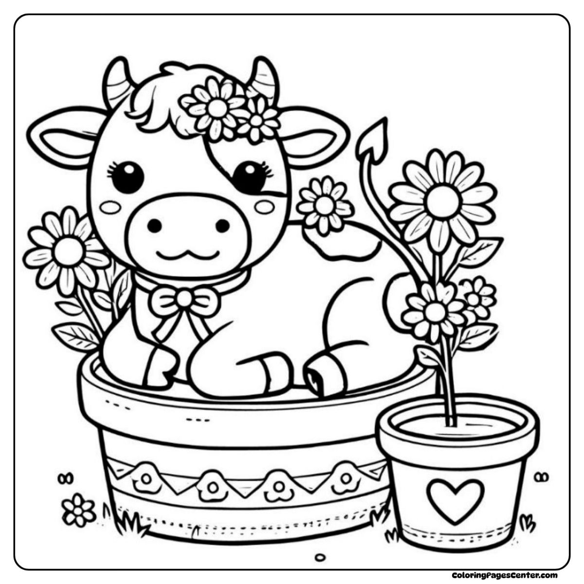 A sweet flower cow coloring page surrounded by blooming potted plants