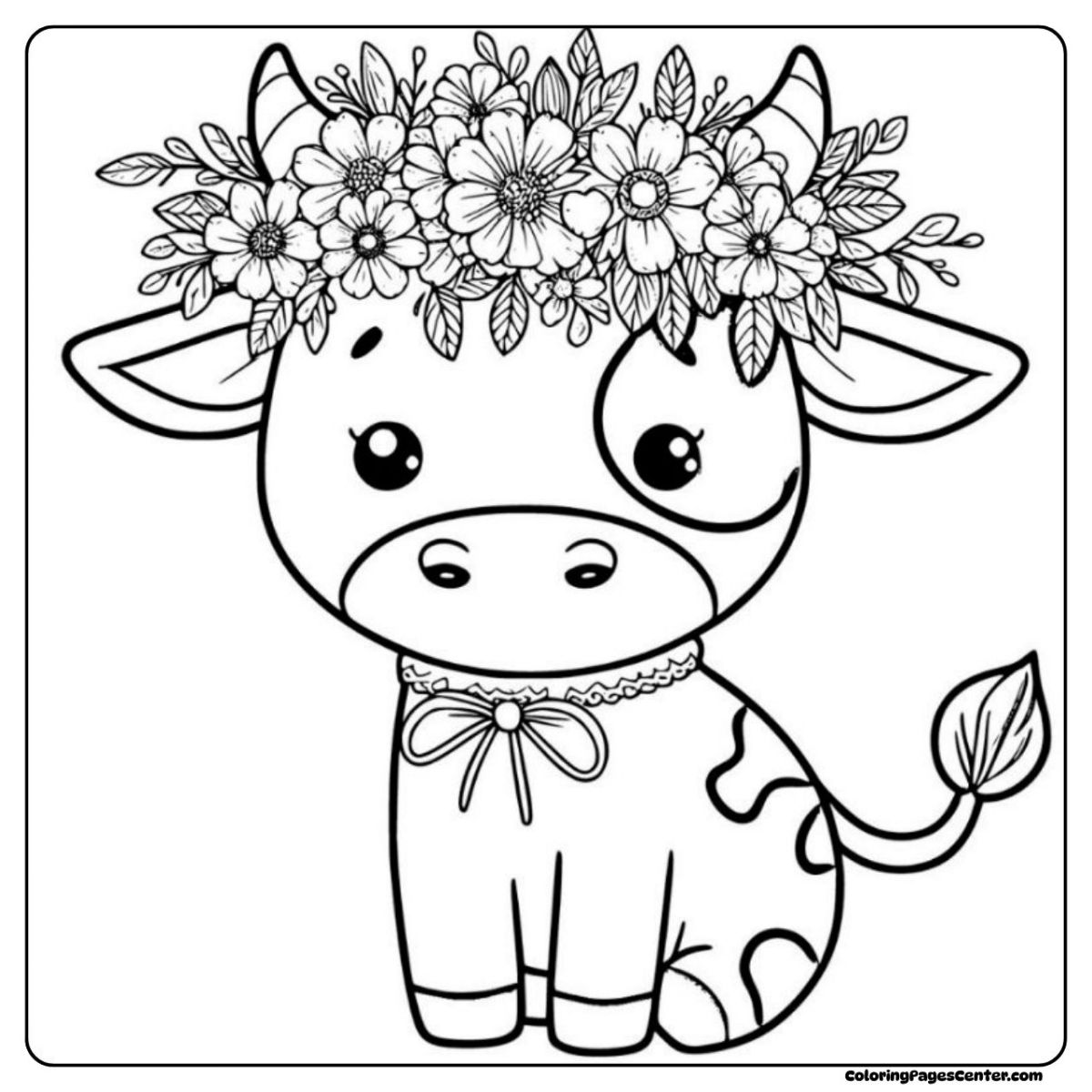 A lovely flower cow coloring page wearing a detailed floral crown