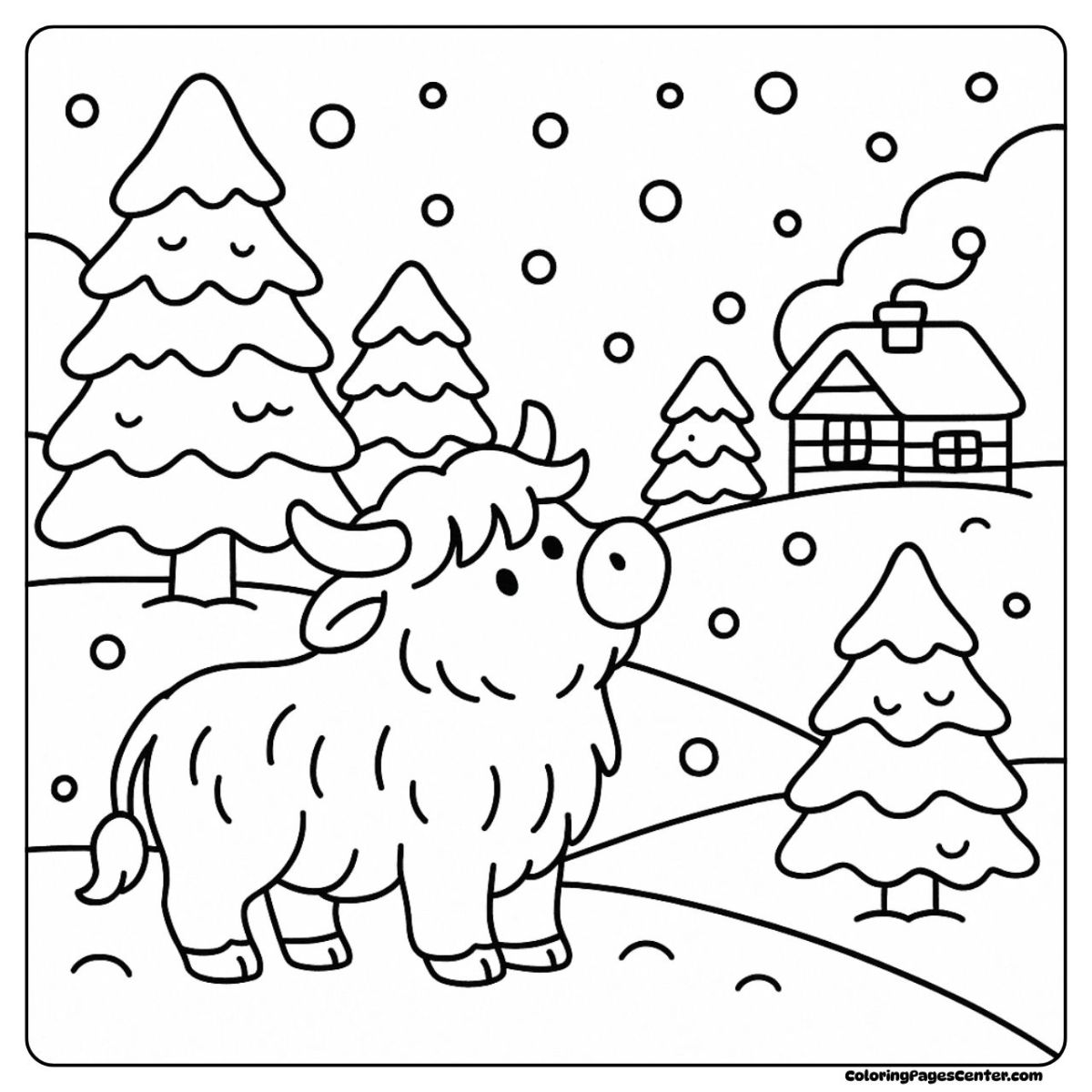 A serene highland cow coloring page under winter trees and falling snow