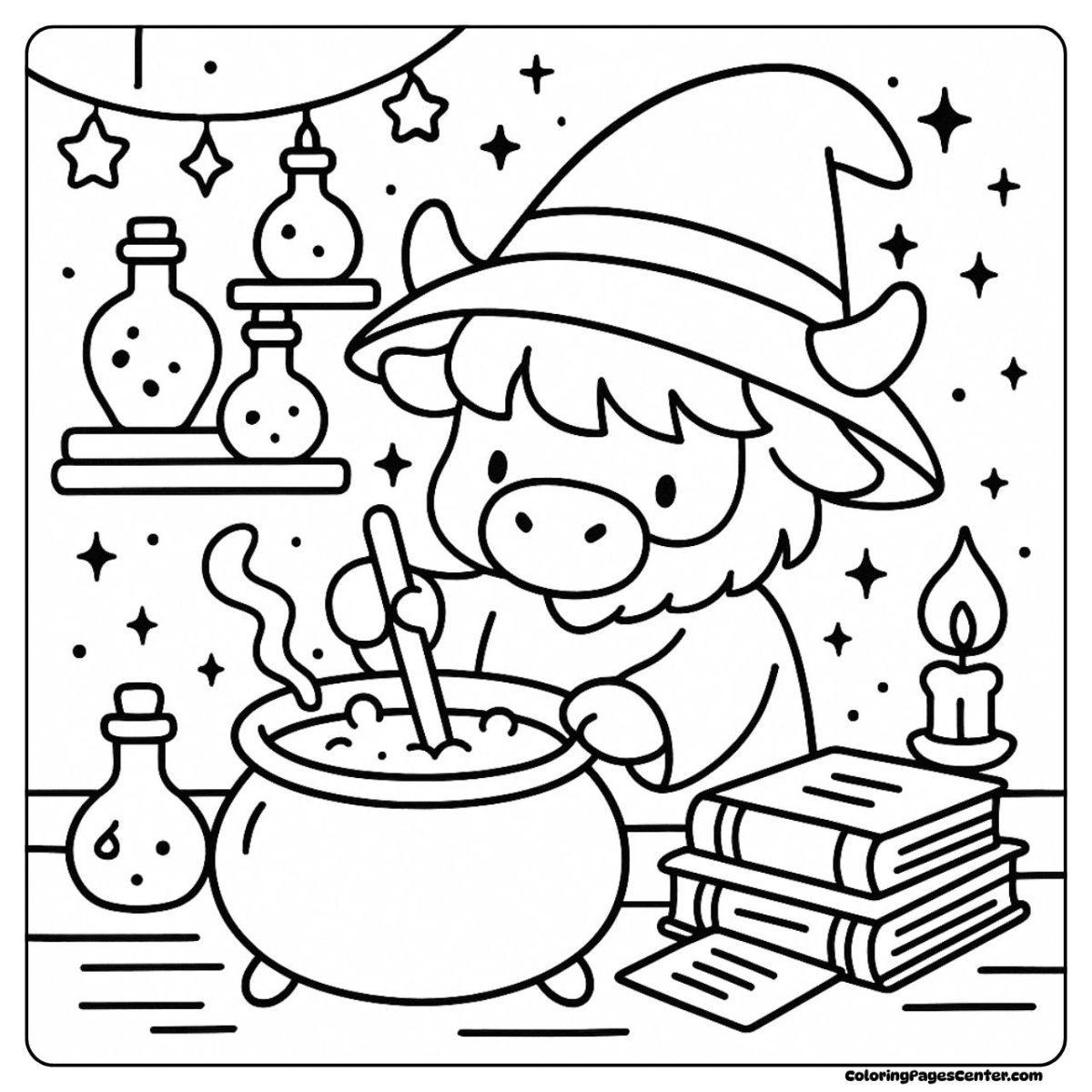 A magical highland cow coloring page wearing a wizard hat