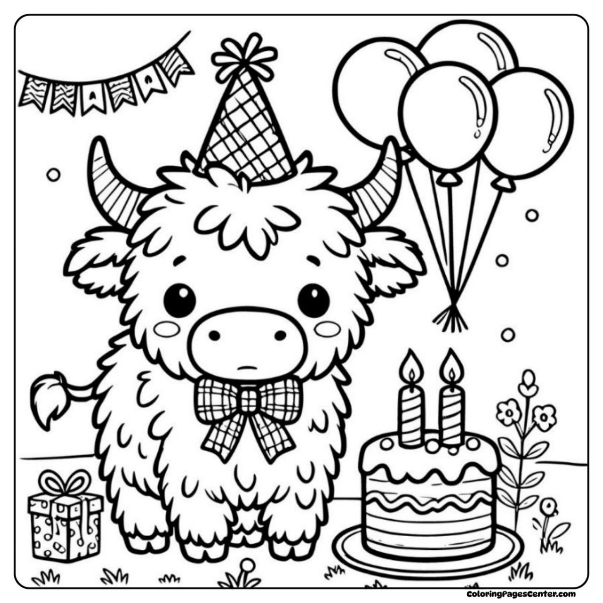 A cute highland cow coloring page celebrating a birthday with cake and gifts A cute highland cow coloring page at a party with balloons and candles