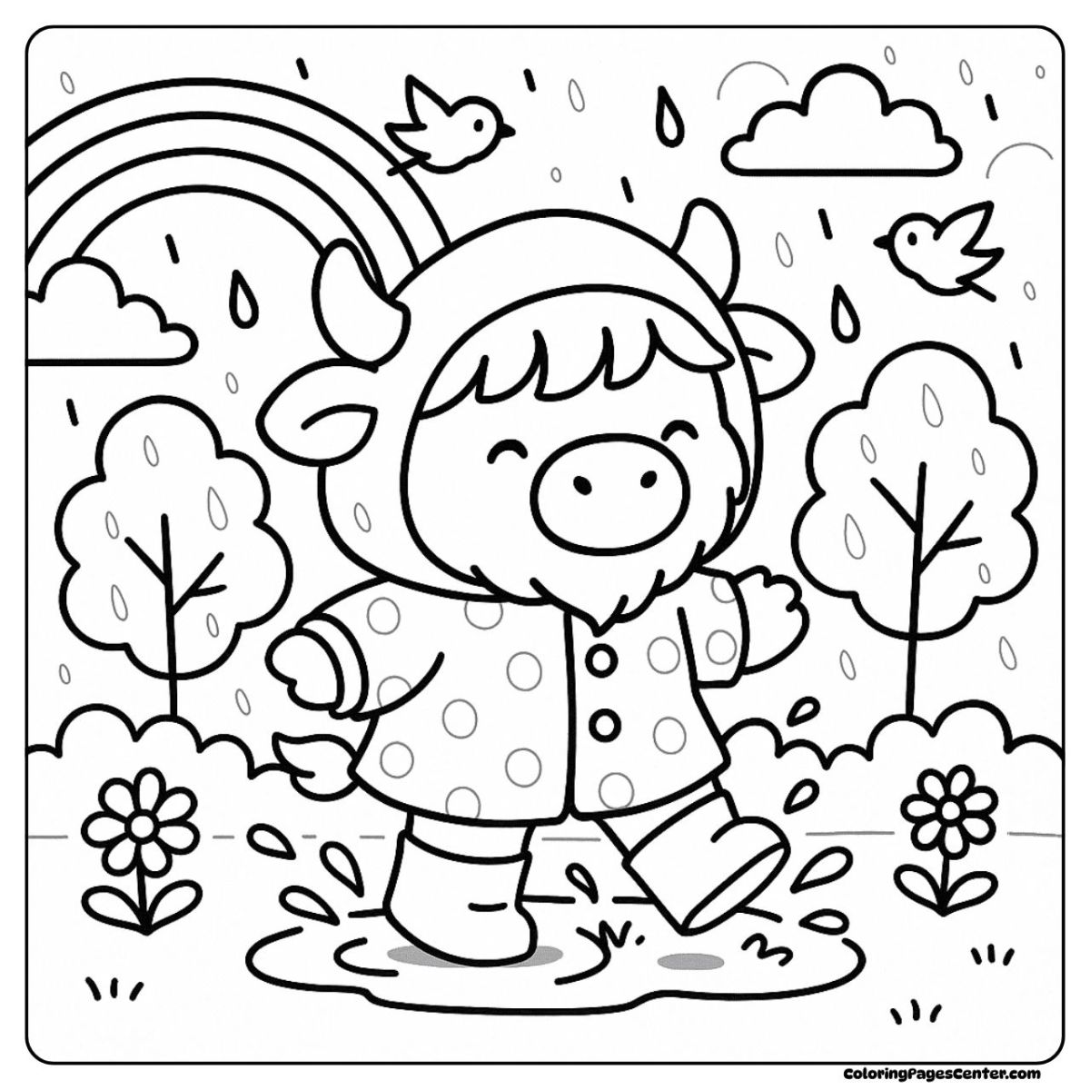 A cute highland cow coloring page enjoying rainy weather with a rainbow A cute highland cow coloring page with puddles and cheerful raindrops