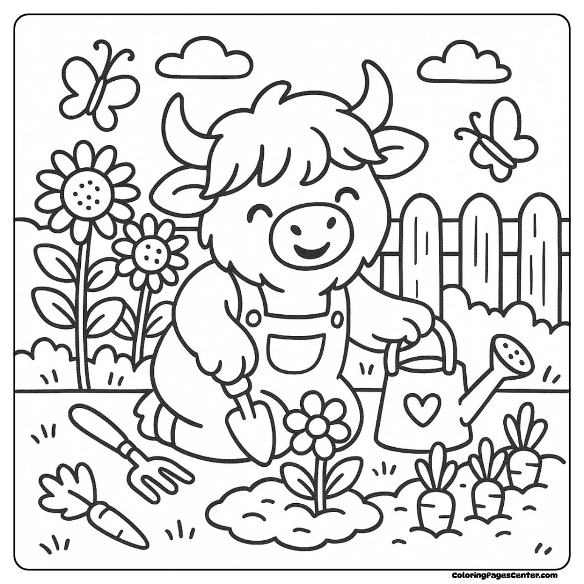 A cute highland cow coloring page gardening with sunflowers and butterflies A cute highland cow coloring page watering plants and tending vegetables