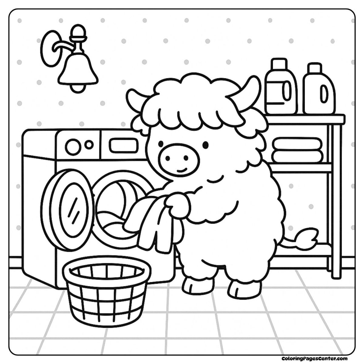 A cute highland cow coloring page helping with laundry in a cozy home A cute highland cow coloring page sorting clean clothes by the washing machine