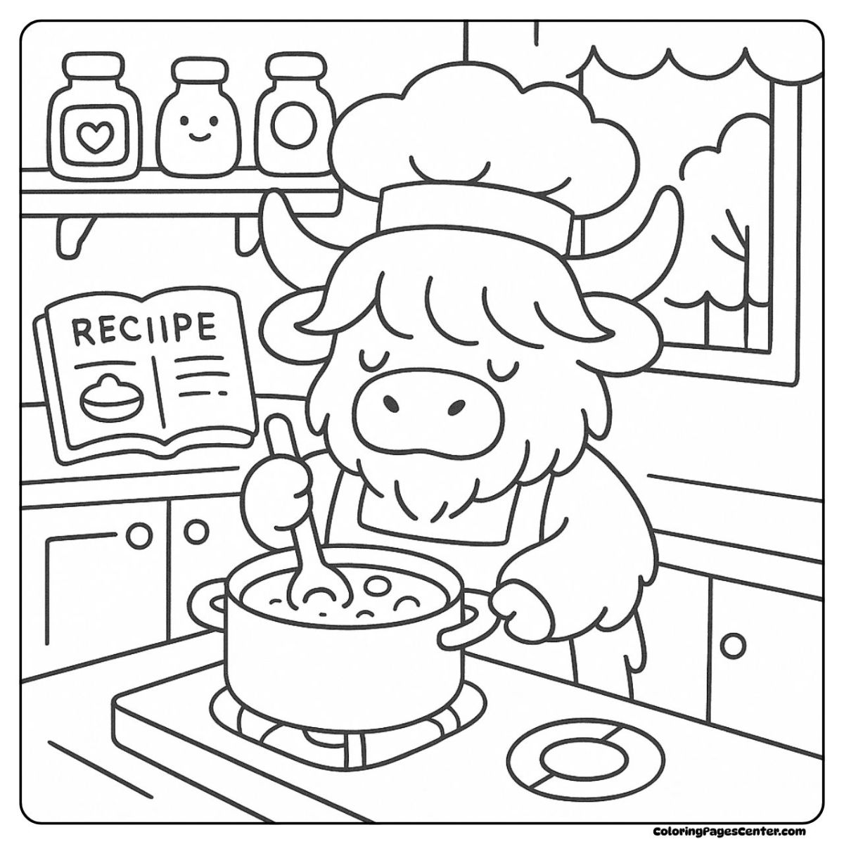A cute highland cow coloring page cooking at the kitchen stove