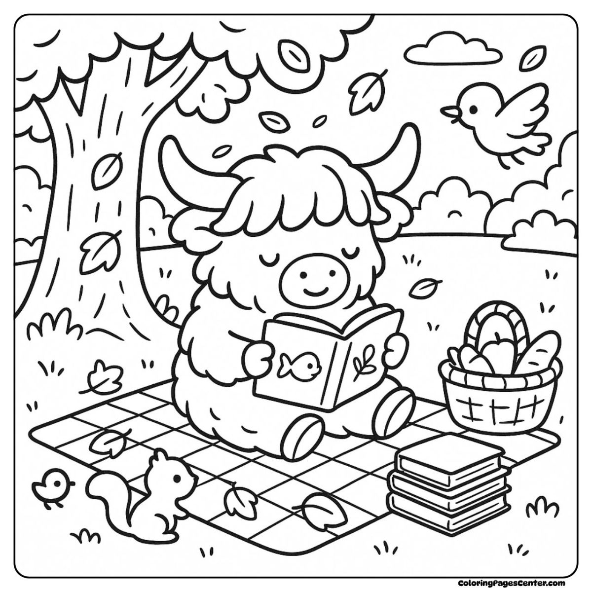 A cute highland cow coloring page reading under a big tree in the park A cute highland cow coloring page enjoying a picnic with books and nature