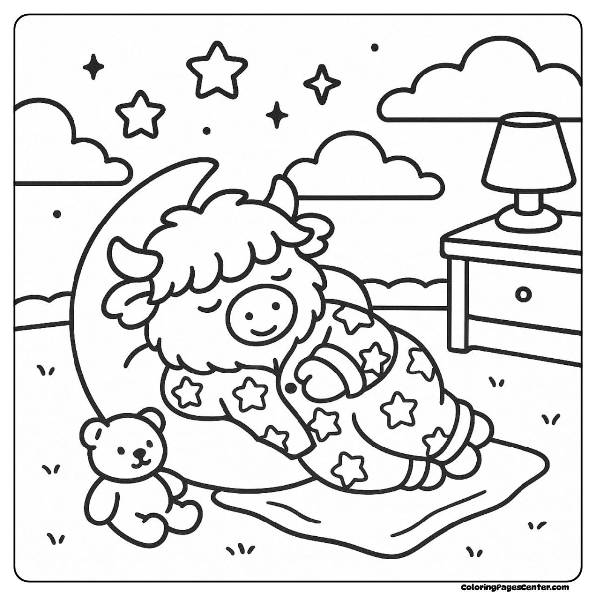 A cute highland cow coloring page resting on a crescent moon at night A cute highland cow coloring page dreaming under stars and soft clouds