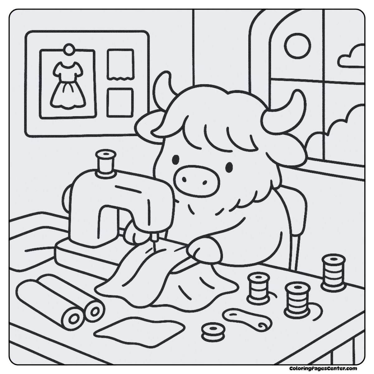 A cute highland cow coloring page using a sewing machine to make clothes A cute highland cow coloring page stitching fabric in a creative workspace