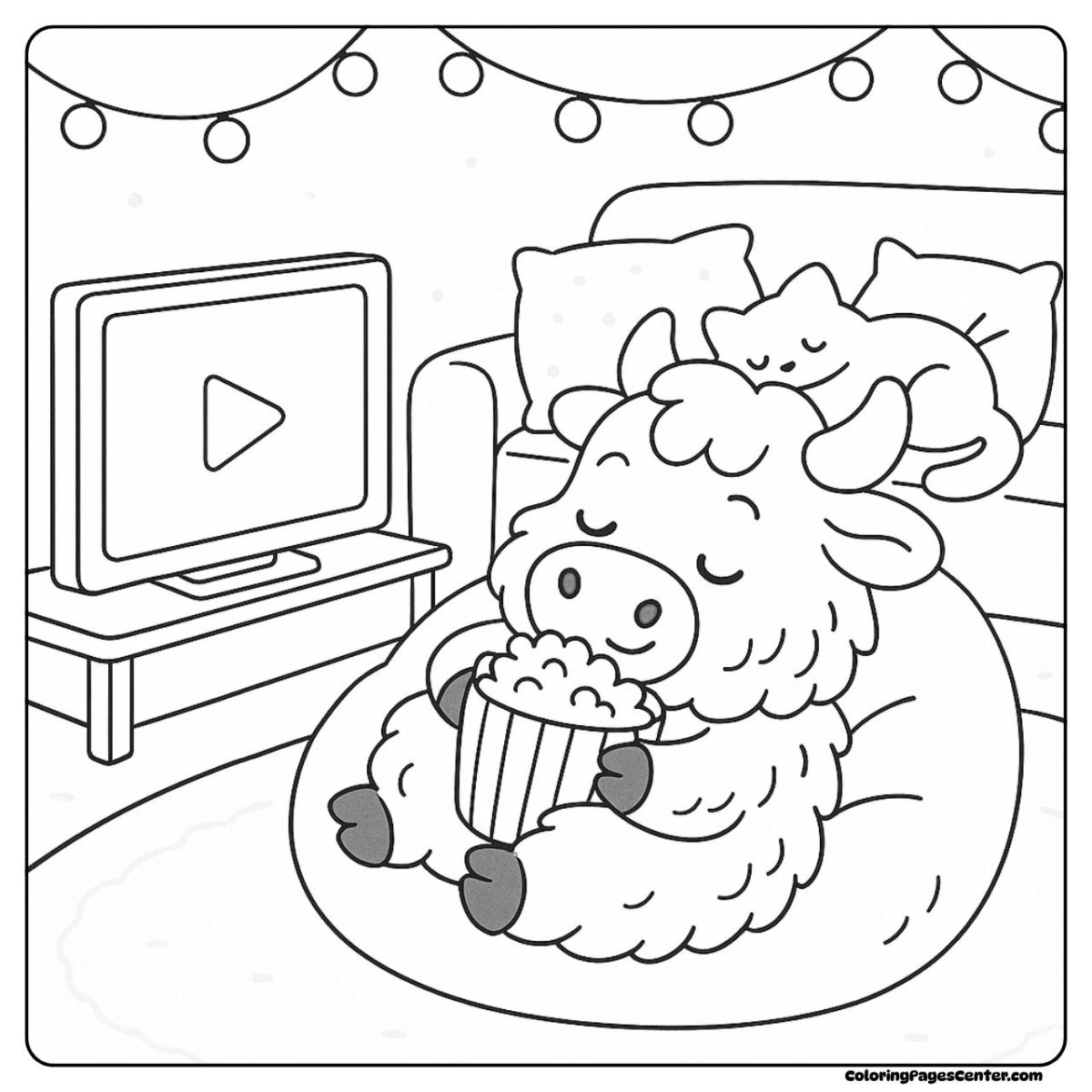 A cute highland cow coloring page relaxing with popcorn and a favorite show