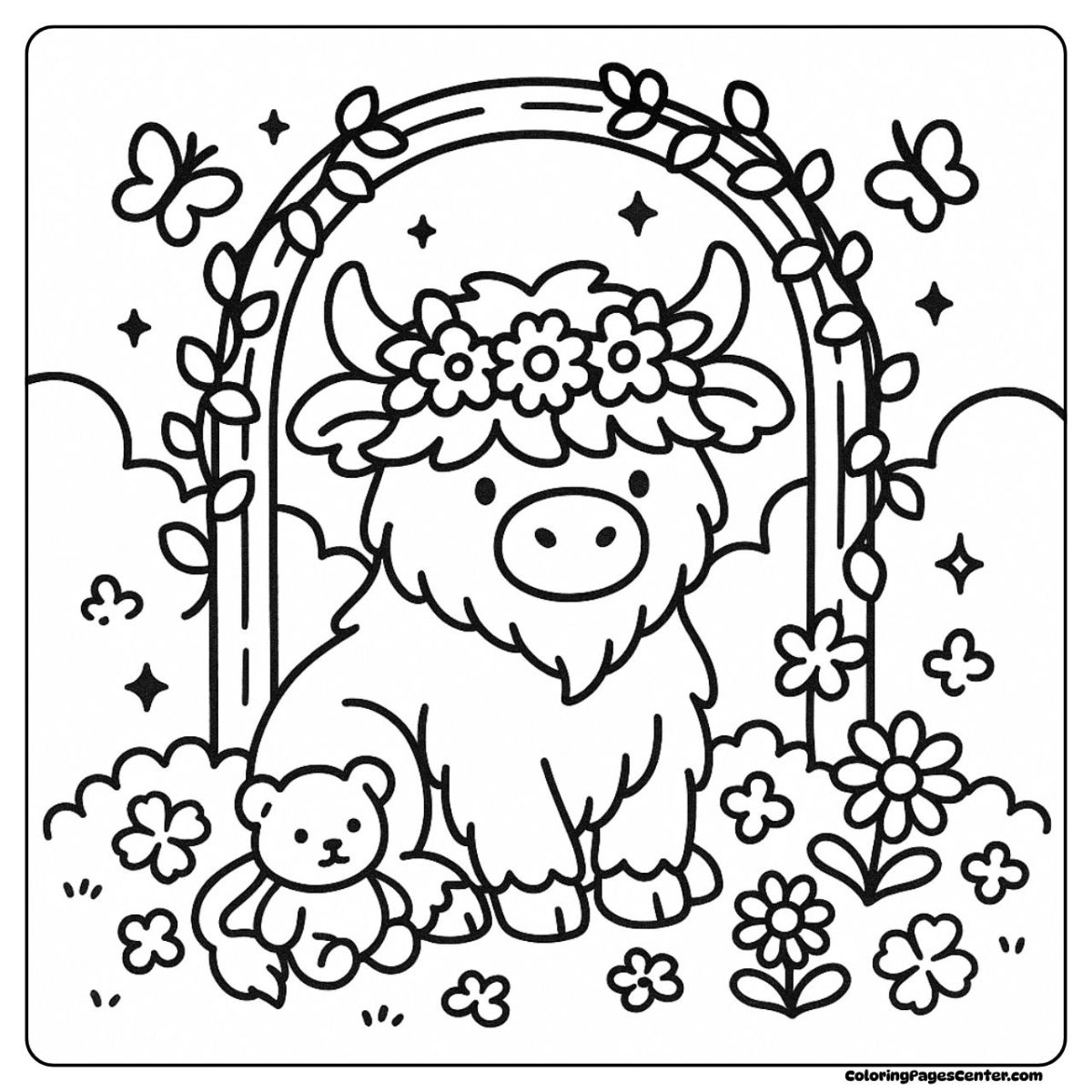 A cute highland cow coloring page surrounded by blossoms and butterflies