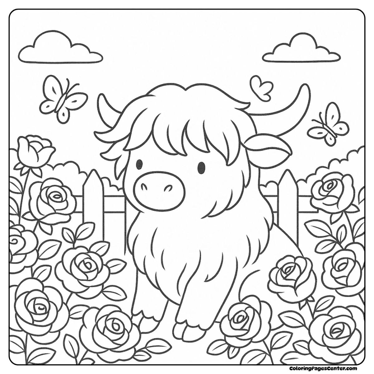 A lovely highland cow coloring page with butterflies in the garden