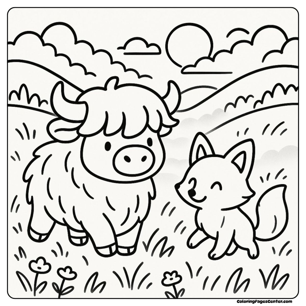 A playful highland cow coloring page sharing a meadow moment