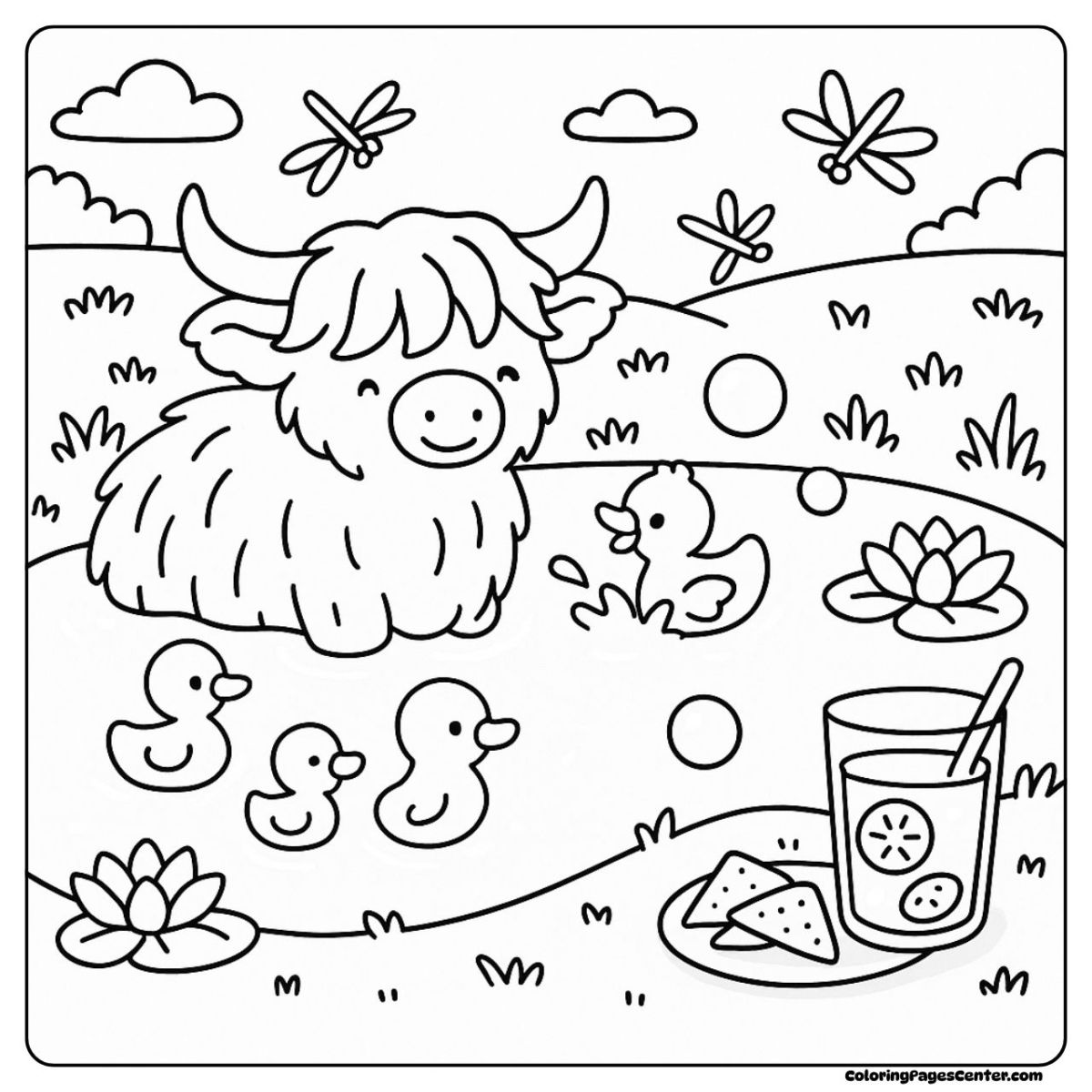 A cute highland cow coloring page watching dragonflies and bubbles