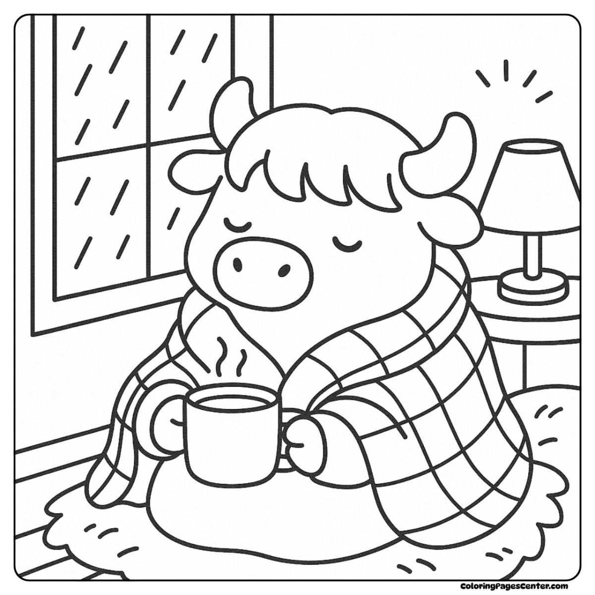 A cozy highland cow coloring page snuggled in a blanket indoors