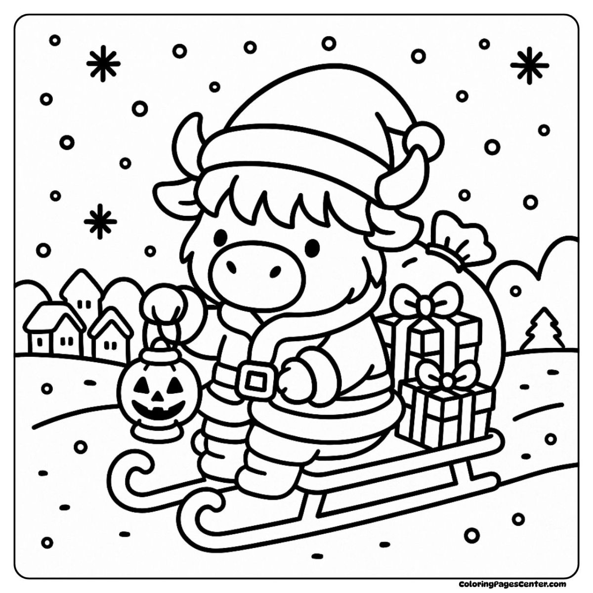 A festive highland cow coloring page holding a lantern in the snow
