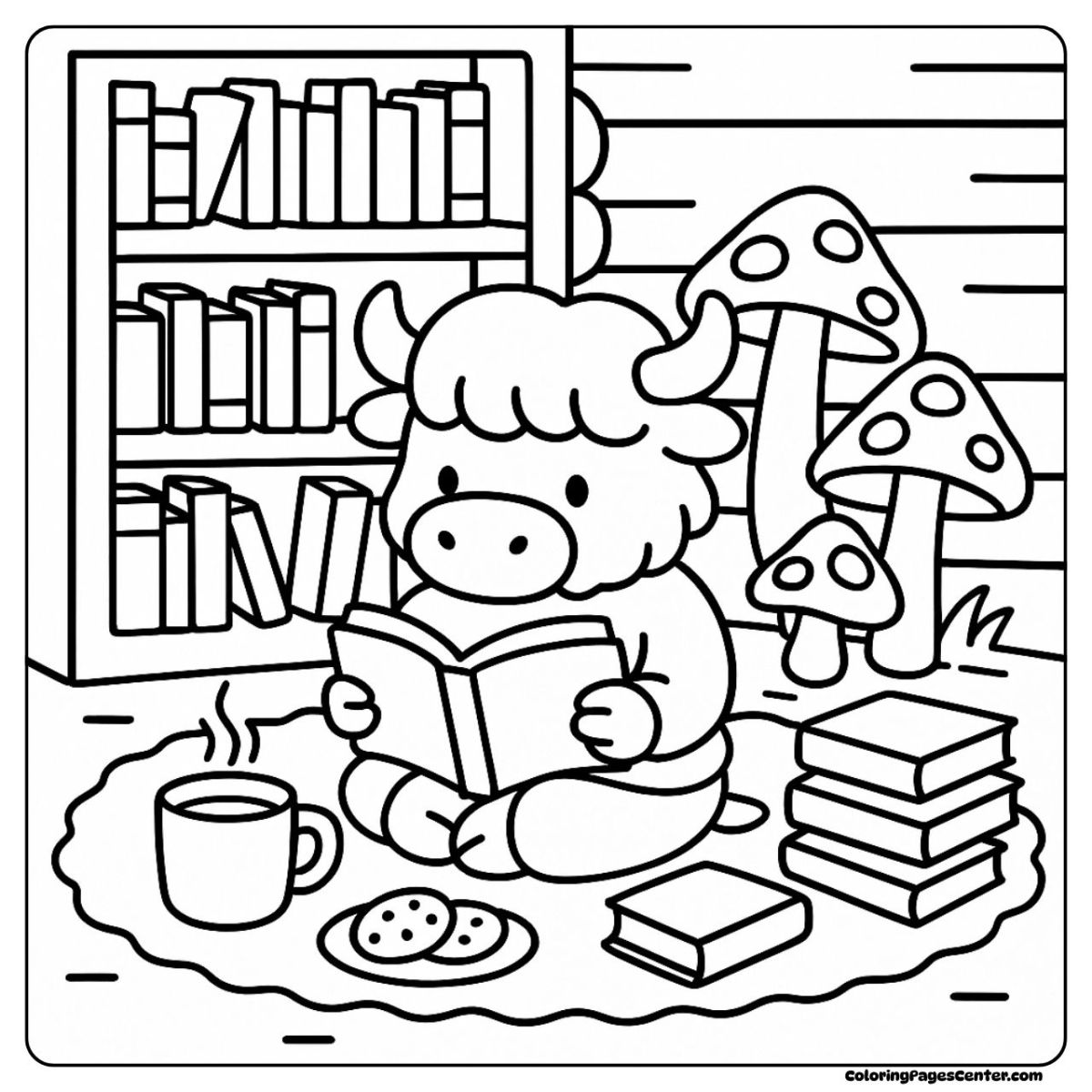 A relaxed highland cow coloring page surrounded by stories and treats