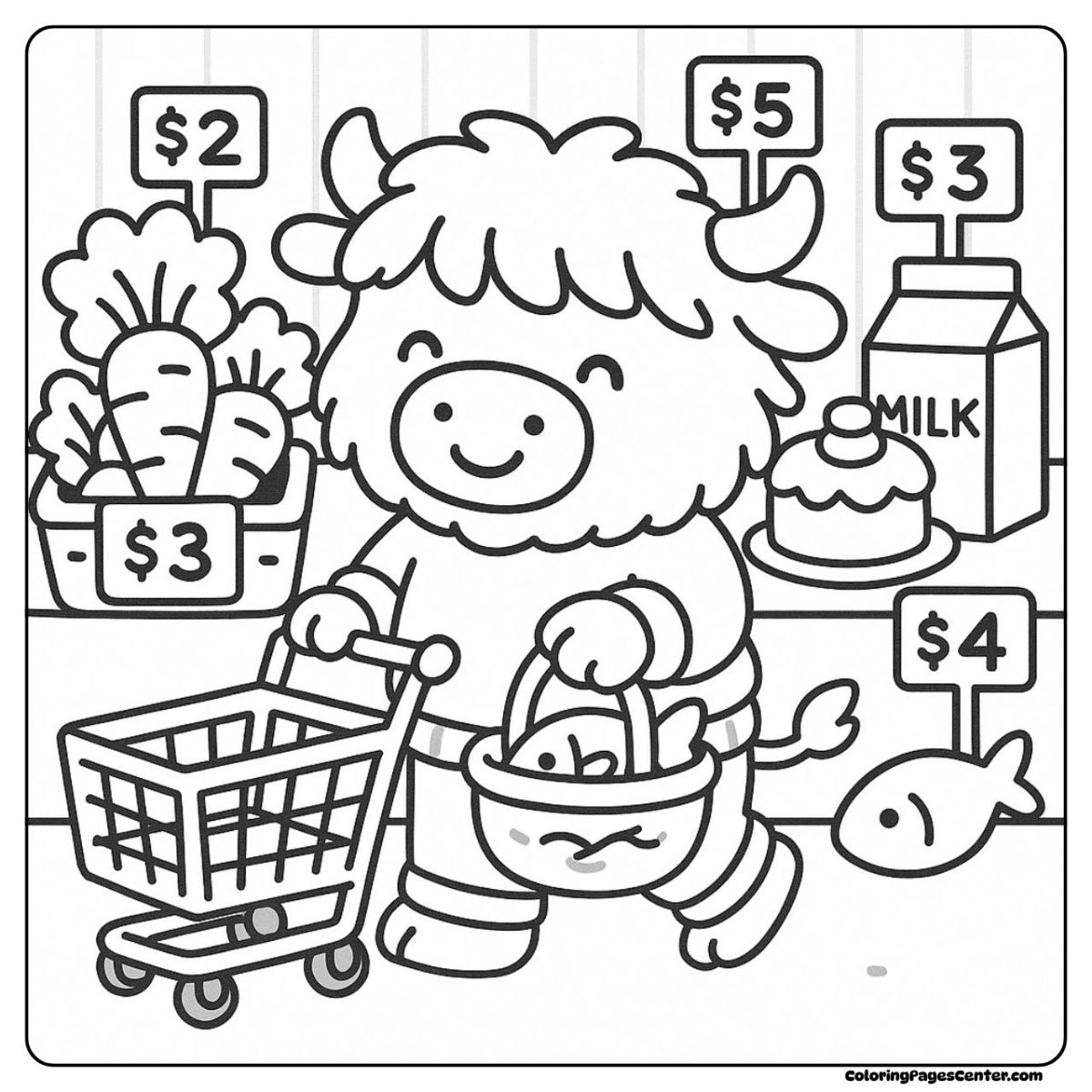 A cheerful highland cow coloring page filling her basket with veggies
