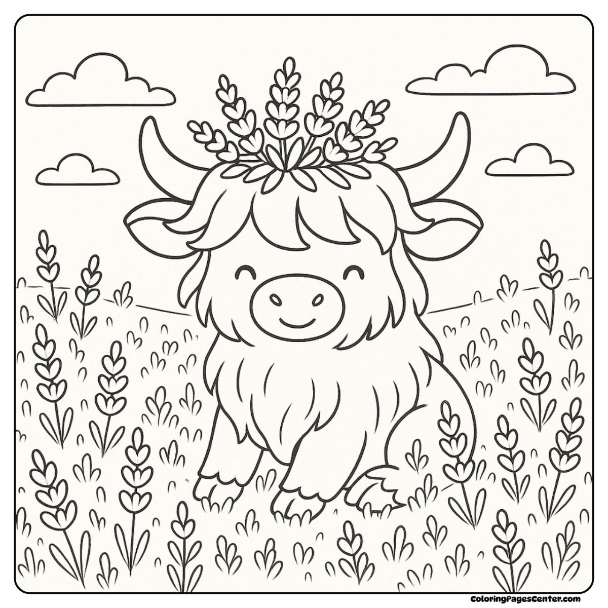 Happy highland cow coloring picture sitting in lavender