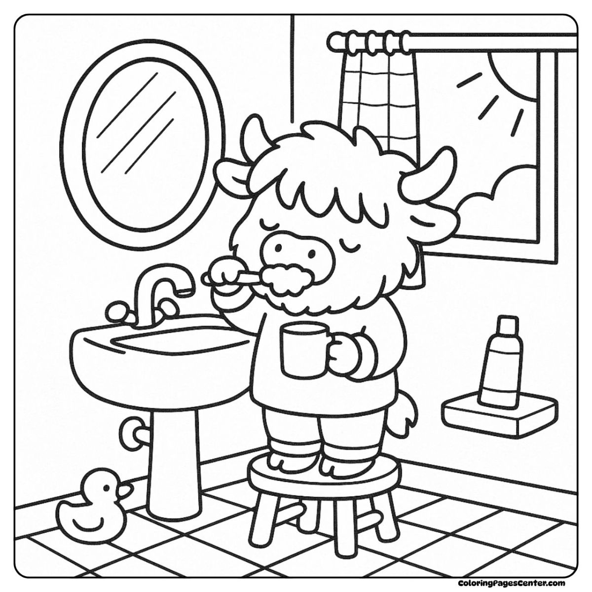 Sweet baby highland cow coloring page showing a cheerful morning routine