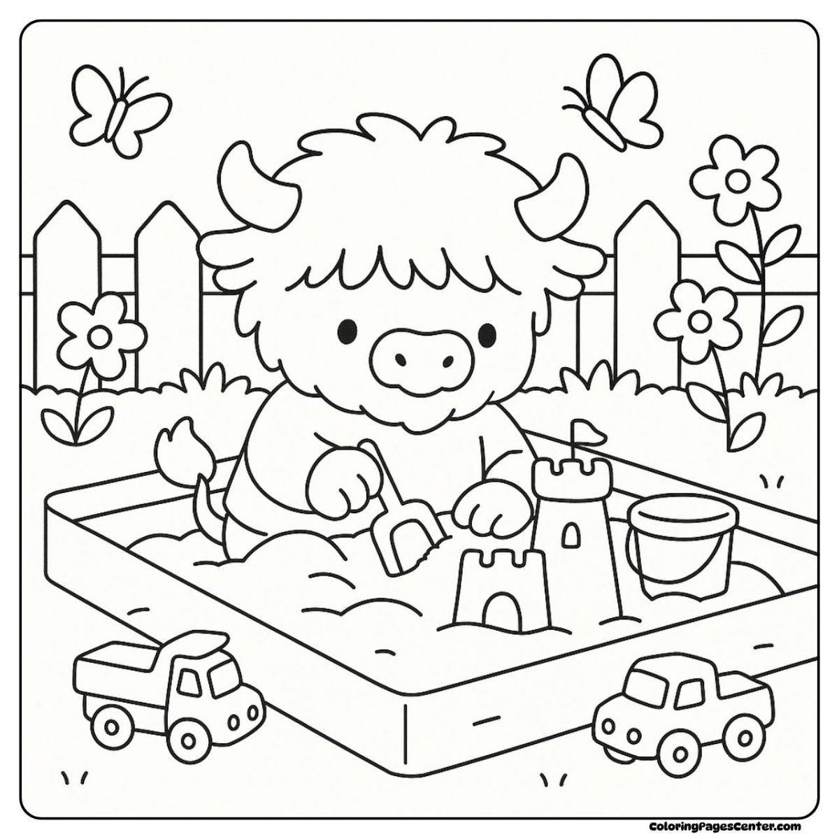 Creative baby highland cow coloring page with sand toys and butterflies