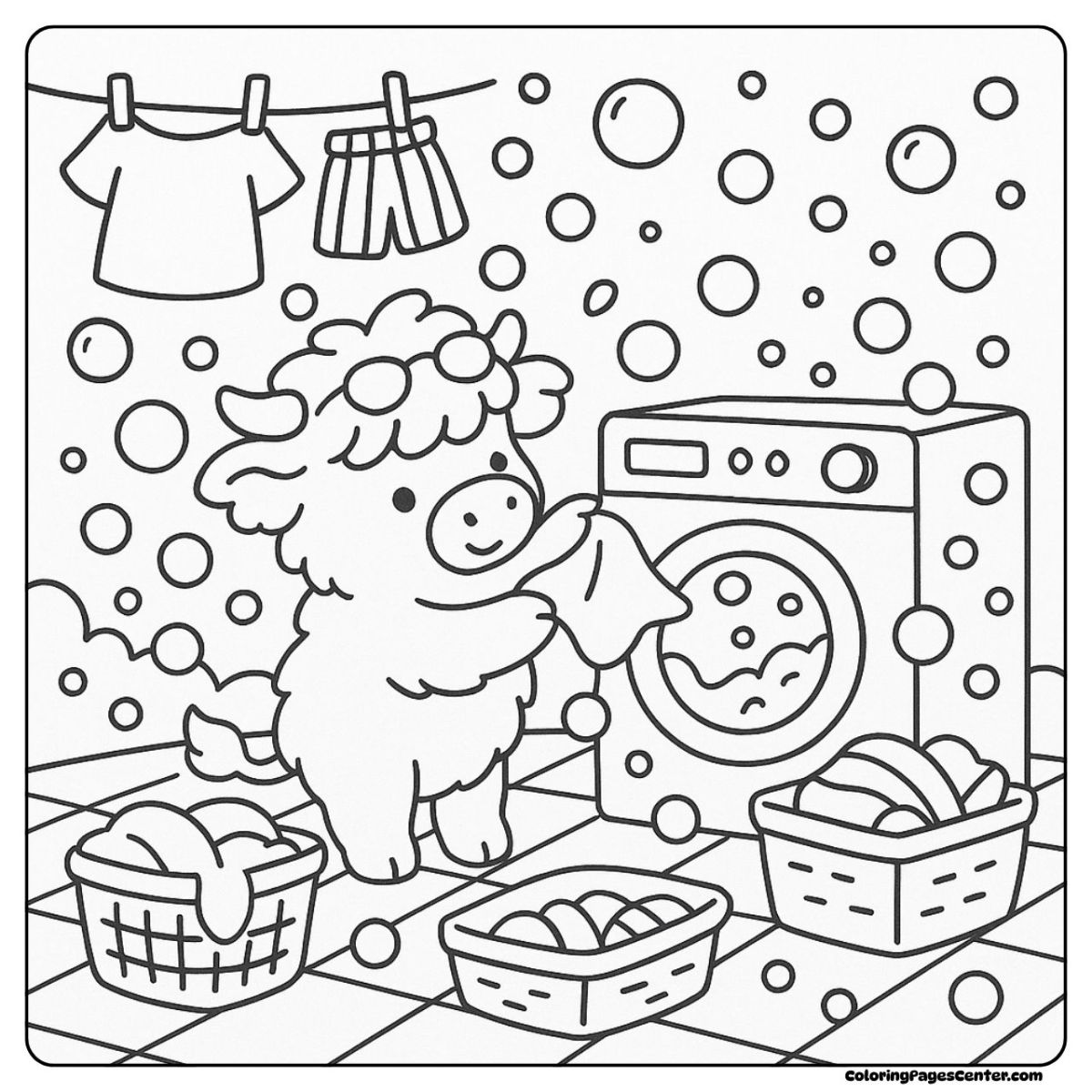 Cheerful baby highland cow coloring page sorting clothes and making bubbles