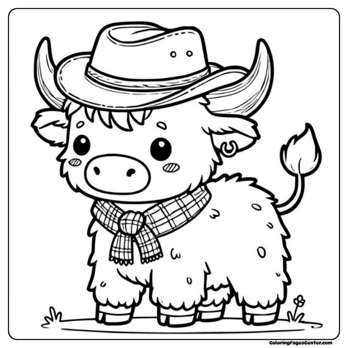 Fun baby highland cow coloring page with a cowboy hat and scarf