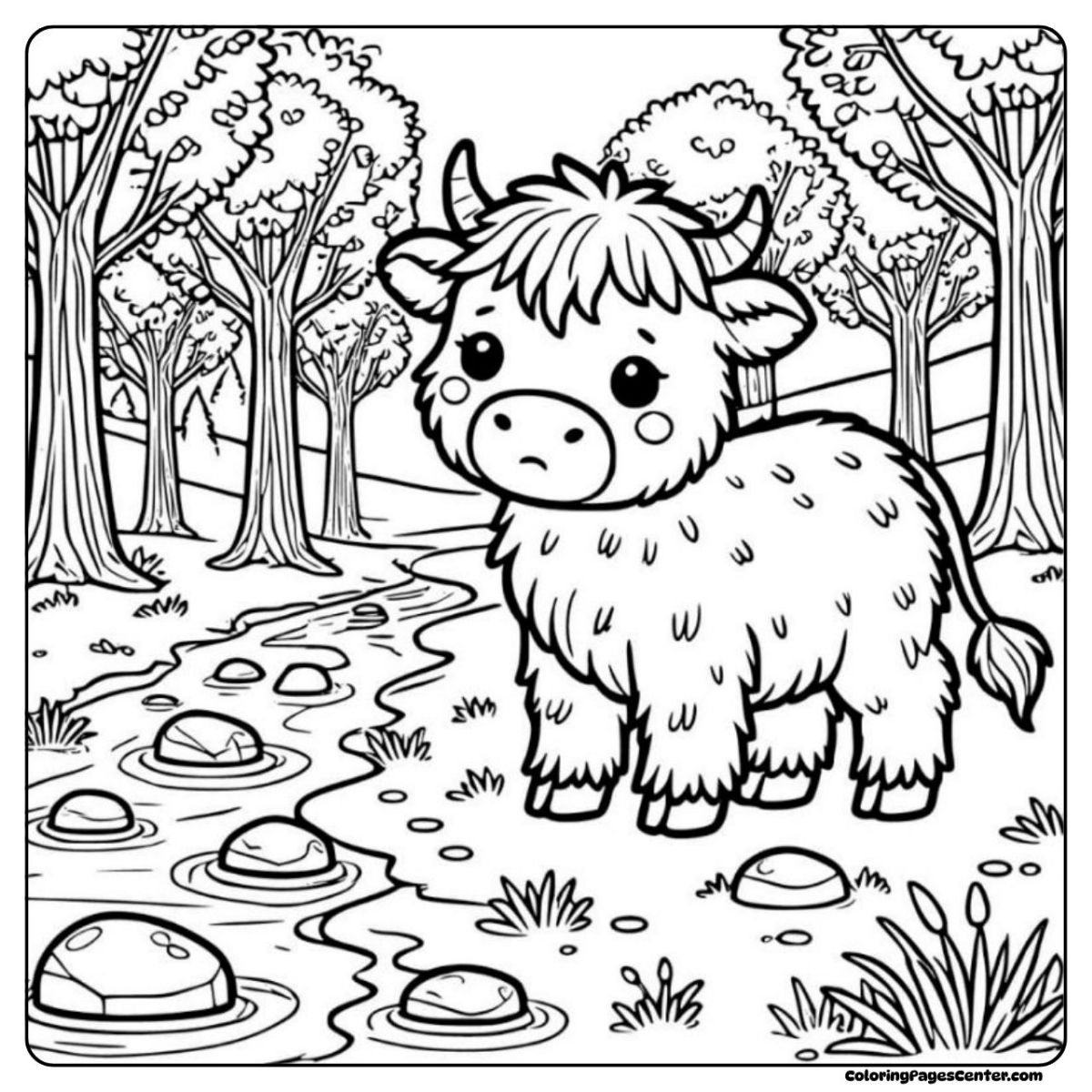 Curious baby highland cow coloring page by a stream and tall trees