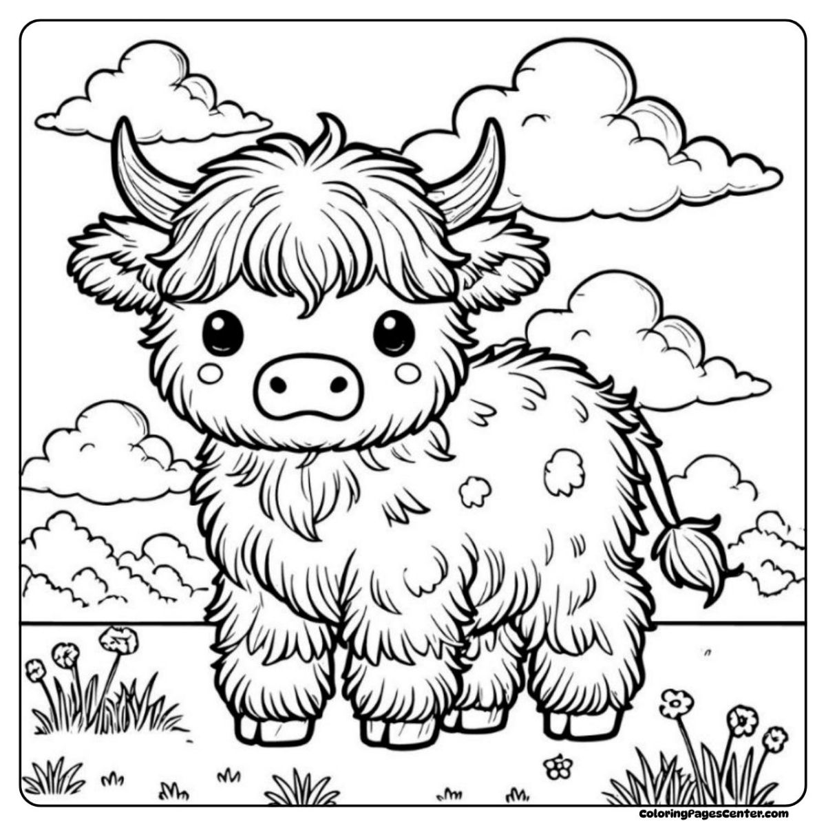 Peaceful baby highland cow coloring page with a field, flowers, and fluffy clouds