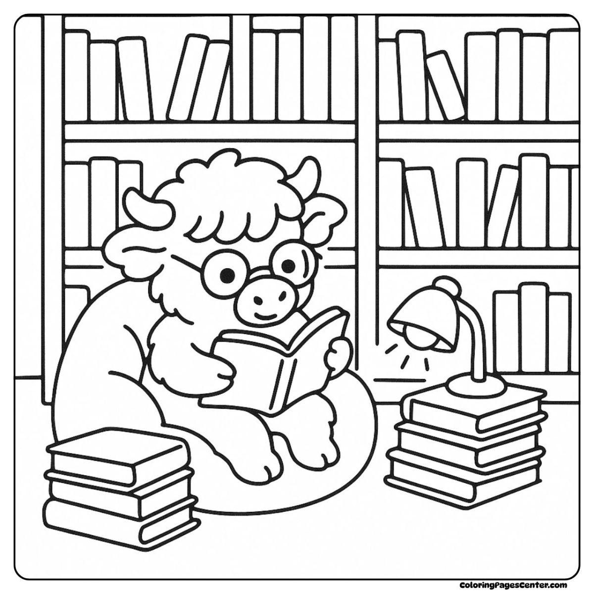 Curious baby highland cow coloring page exploring a library filled with stories