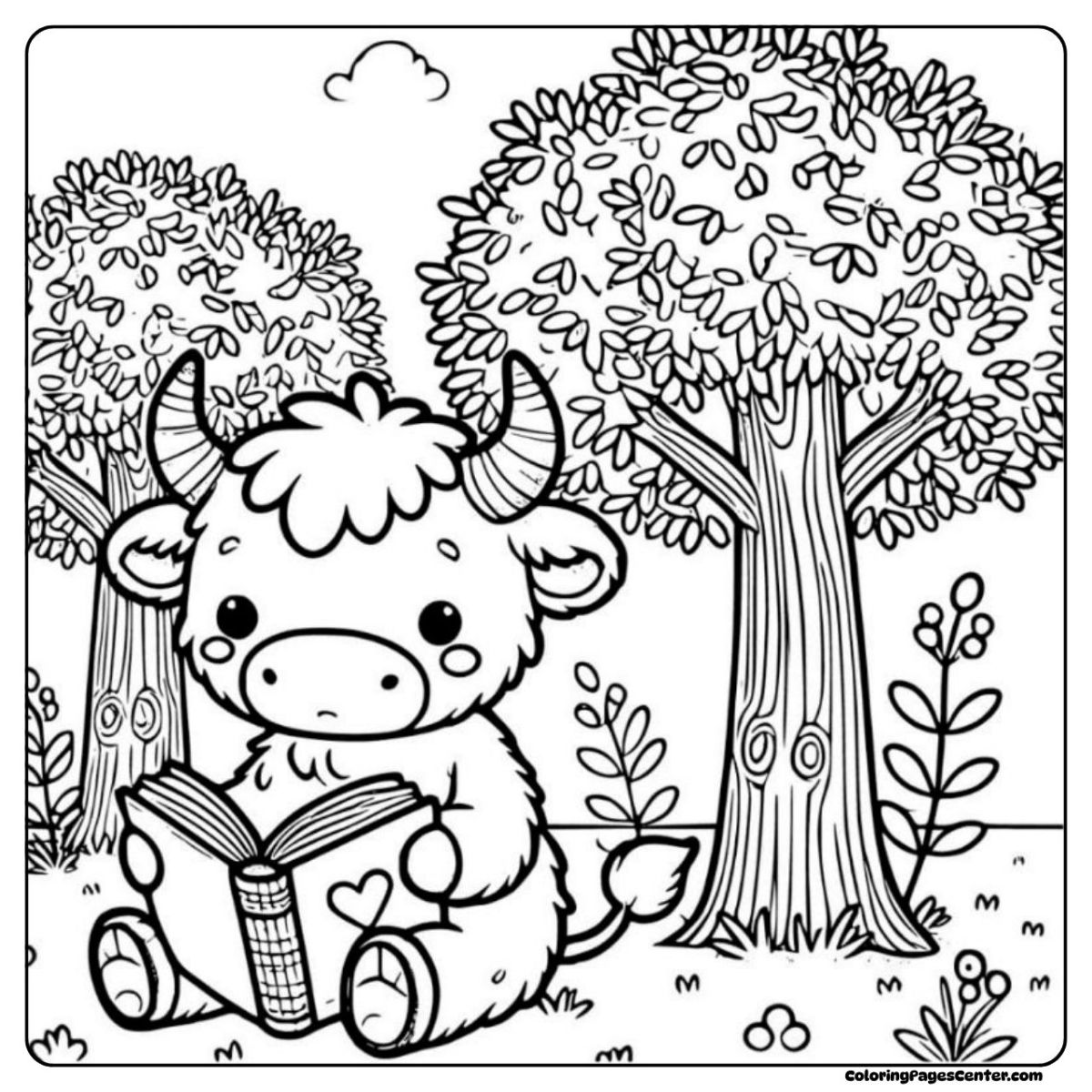 Calm baby highland cow coloring sheet enjoying a book in a quiet forest