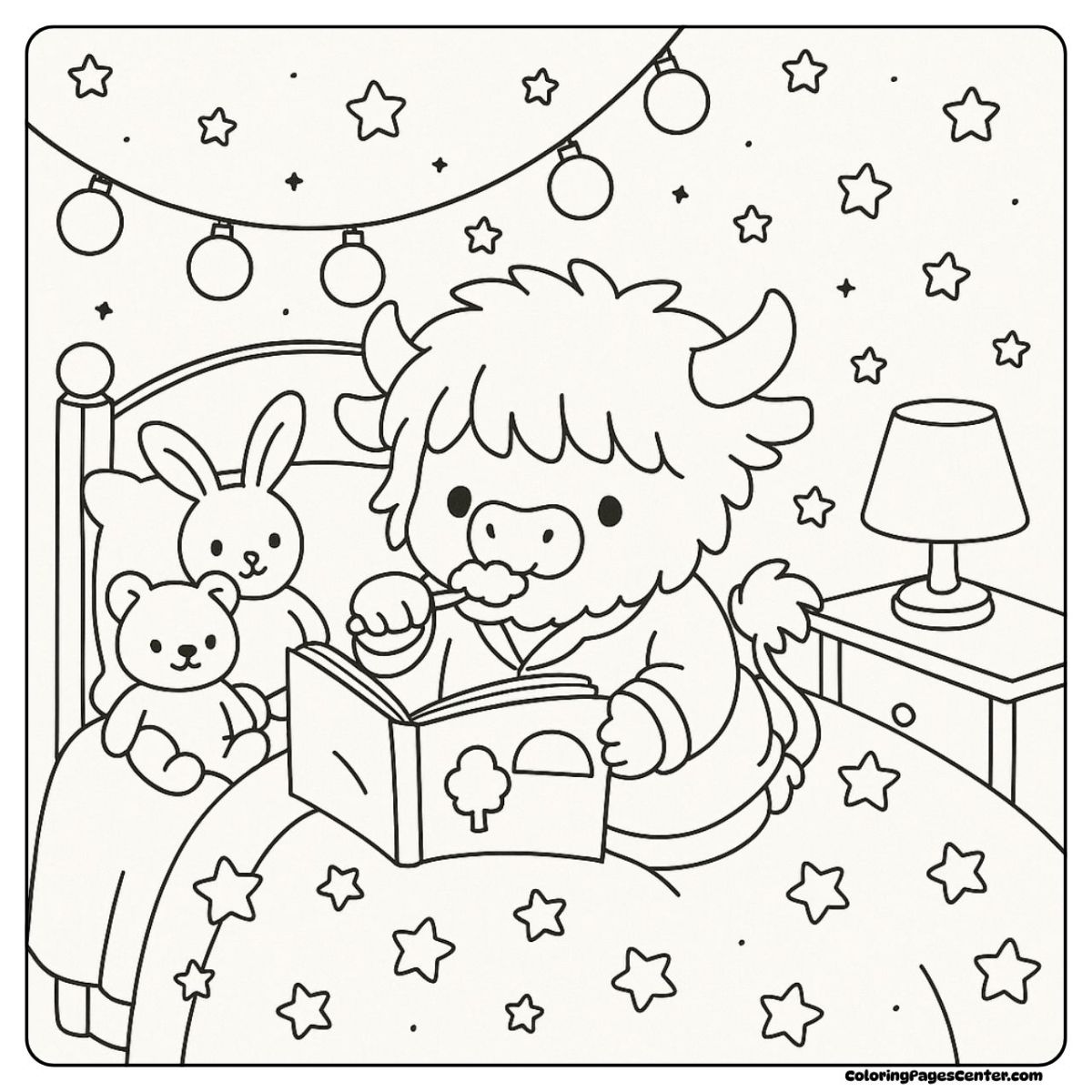 Peaceful baby highland cow coloring sheet in bed with books and fairy lights