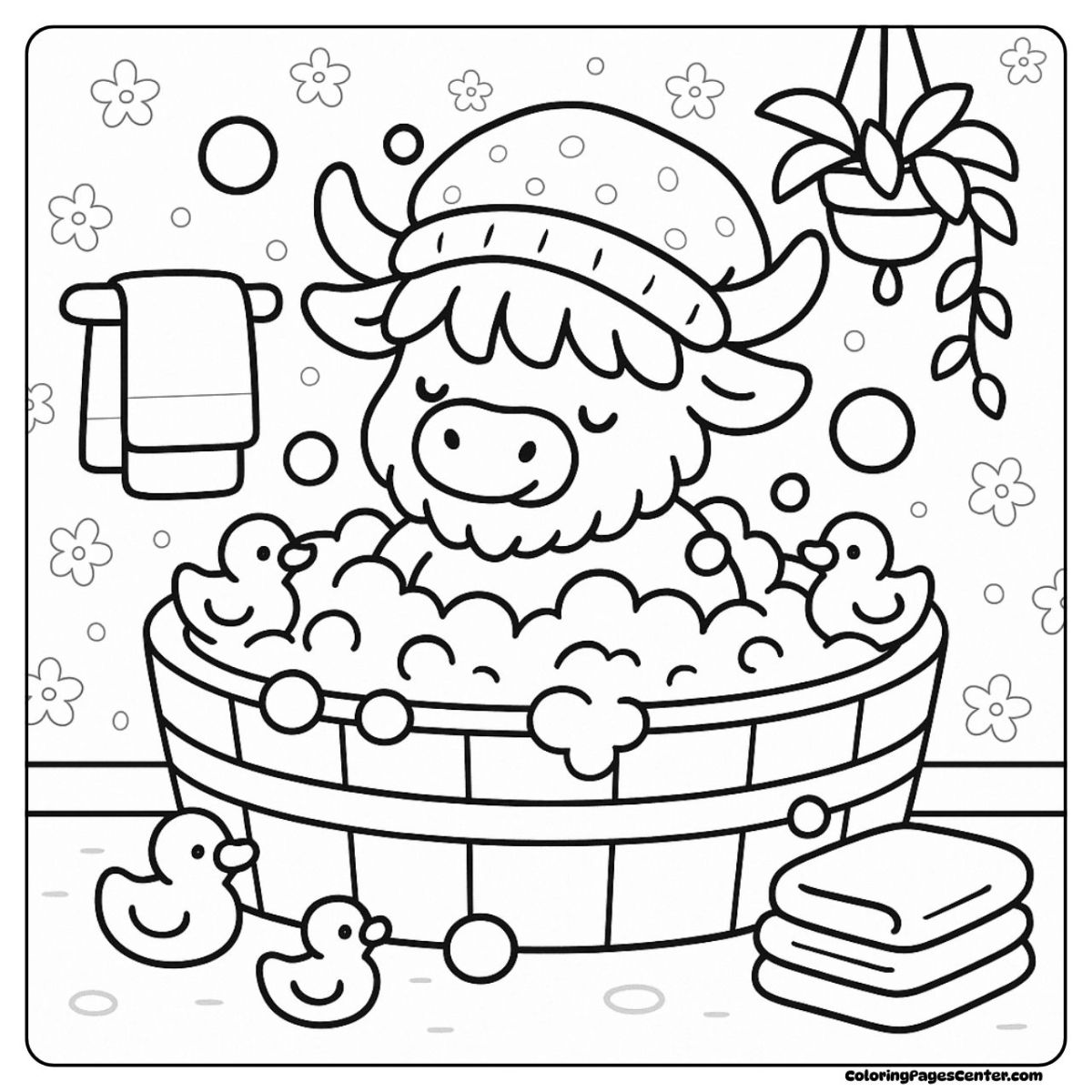 Fun baby highland cow coloring page in a bubbly bath with little rubber ducks