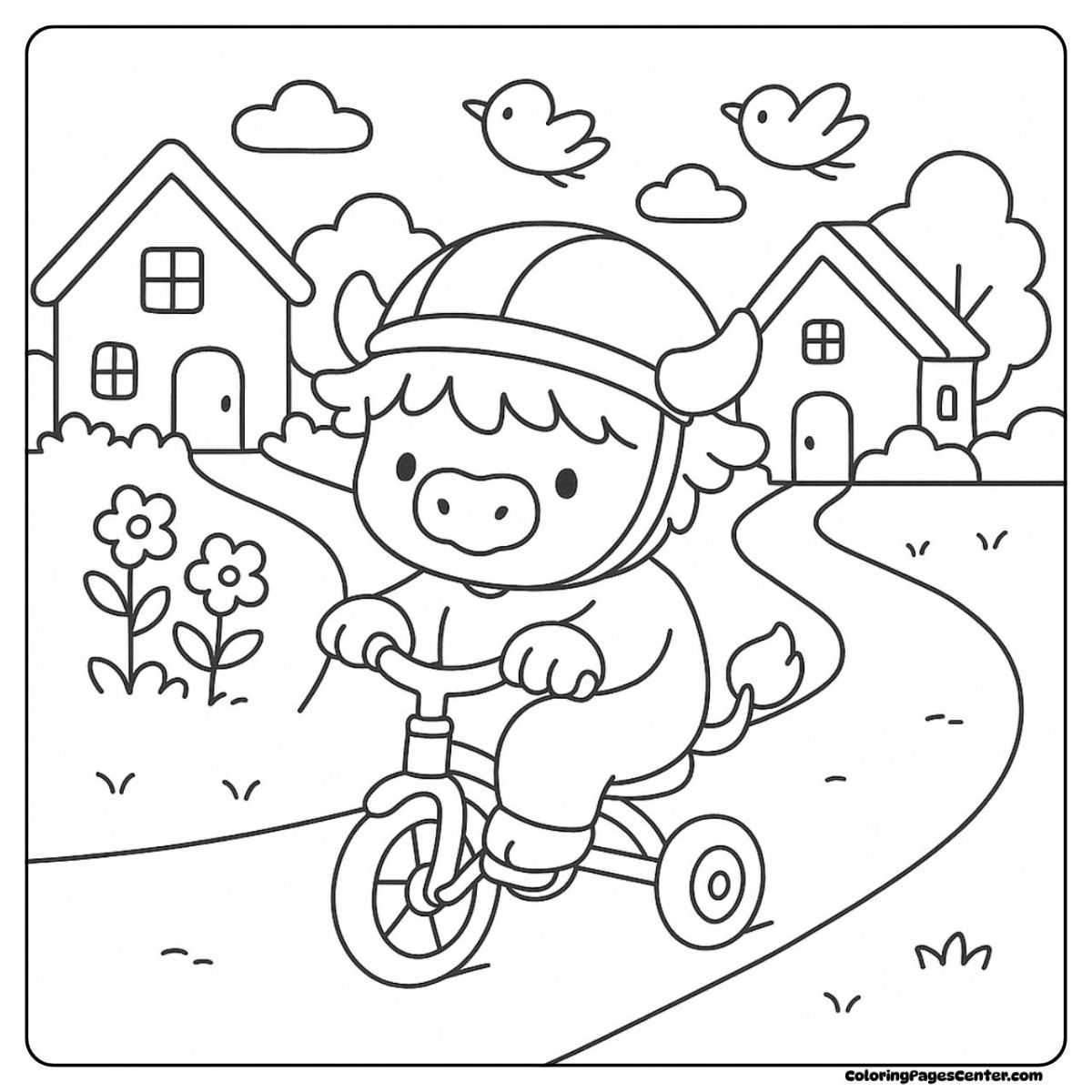 Happy baby highland cow coloring page on a tricycle passing cozy cottages